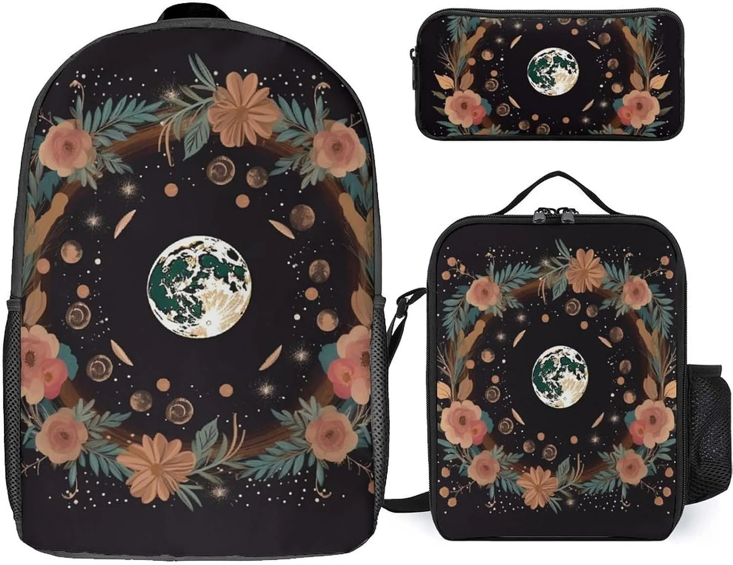 3PCS Astrology Plant Moon Phase Flower Backpack Set, 17 Inch Backpack with Portable Lunch Bag And Pencil Case for Work/Picnic/Travel