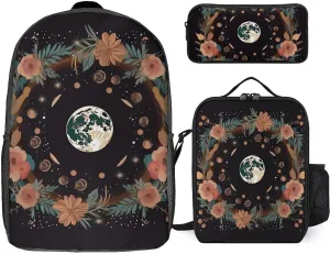 3PCS Astrology Plant Moon Phase Flower Backpack Set, 17 Inch Backpack with Portable Lunch Bag And Pencil Case for Work/Picnic/Travel