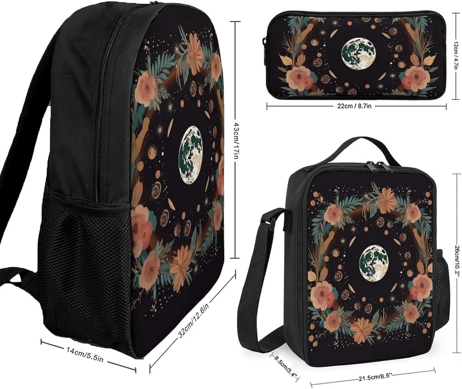 3PCS Astrology Plant Moon Phase Flower Backpack Set, 17 Inch Backpack with Portable Lunch Bag And Pencil Case for Work/Picnic/Travel