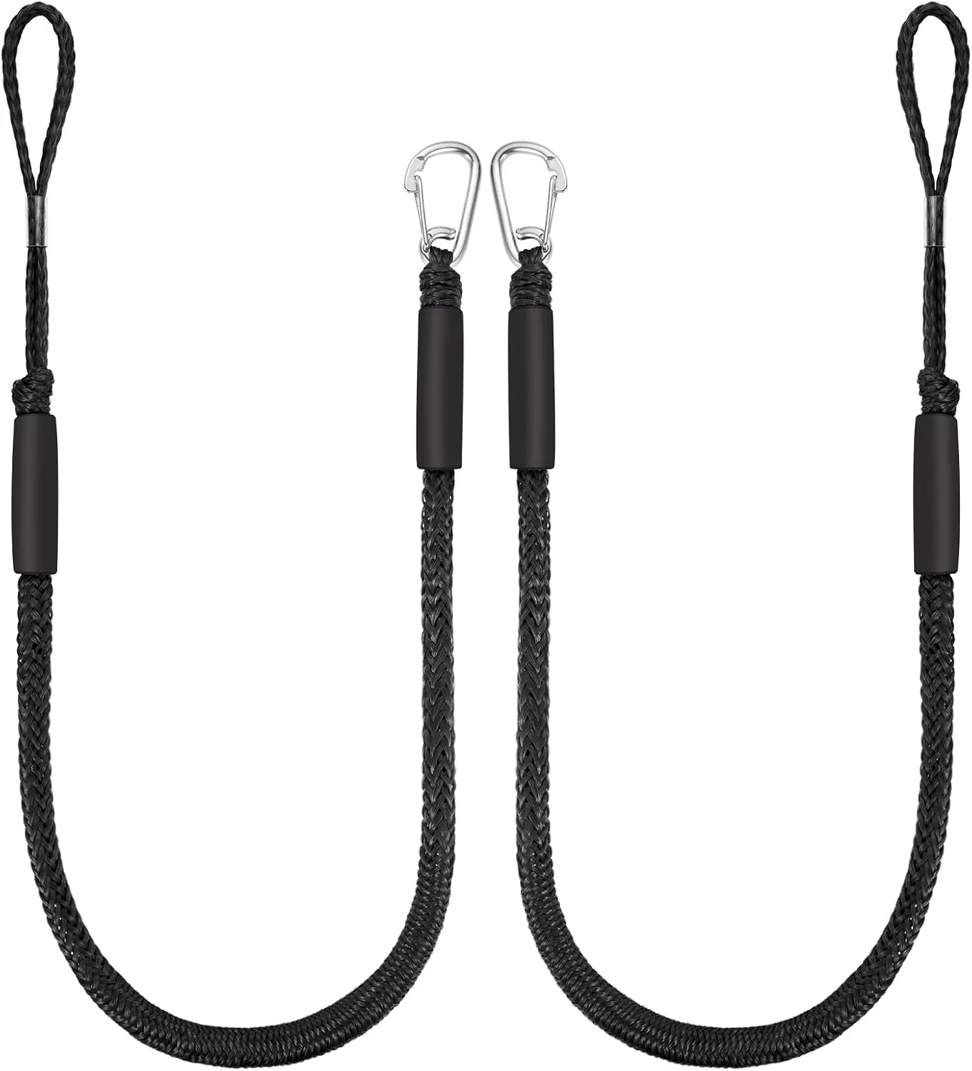 4 Feet Bungee Dock Lines for Boats, Heavy Duty Mooring Rope with Stainless Steel Clip & Adjustable Loop for Jet Ski, Pontoon, PWC, Kayak (Black, 2 Pack)