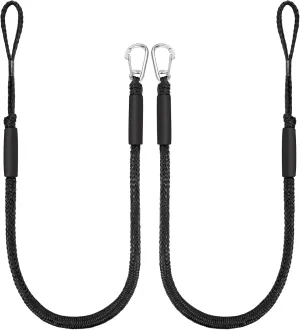 4 Feet Bungee Dock Lines for Boats, Heavy Duty Mooring Rope with Stainless Steel Clip & Adjustable Loop for Jet Ski, Pontoon, PWC, Kayak (Black, 2 Pack)