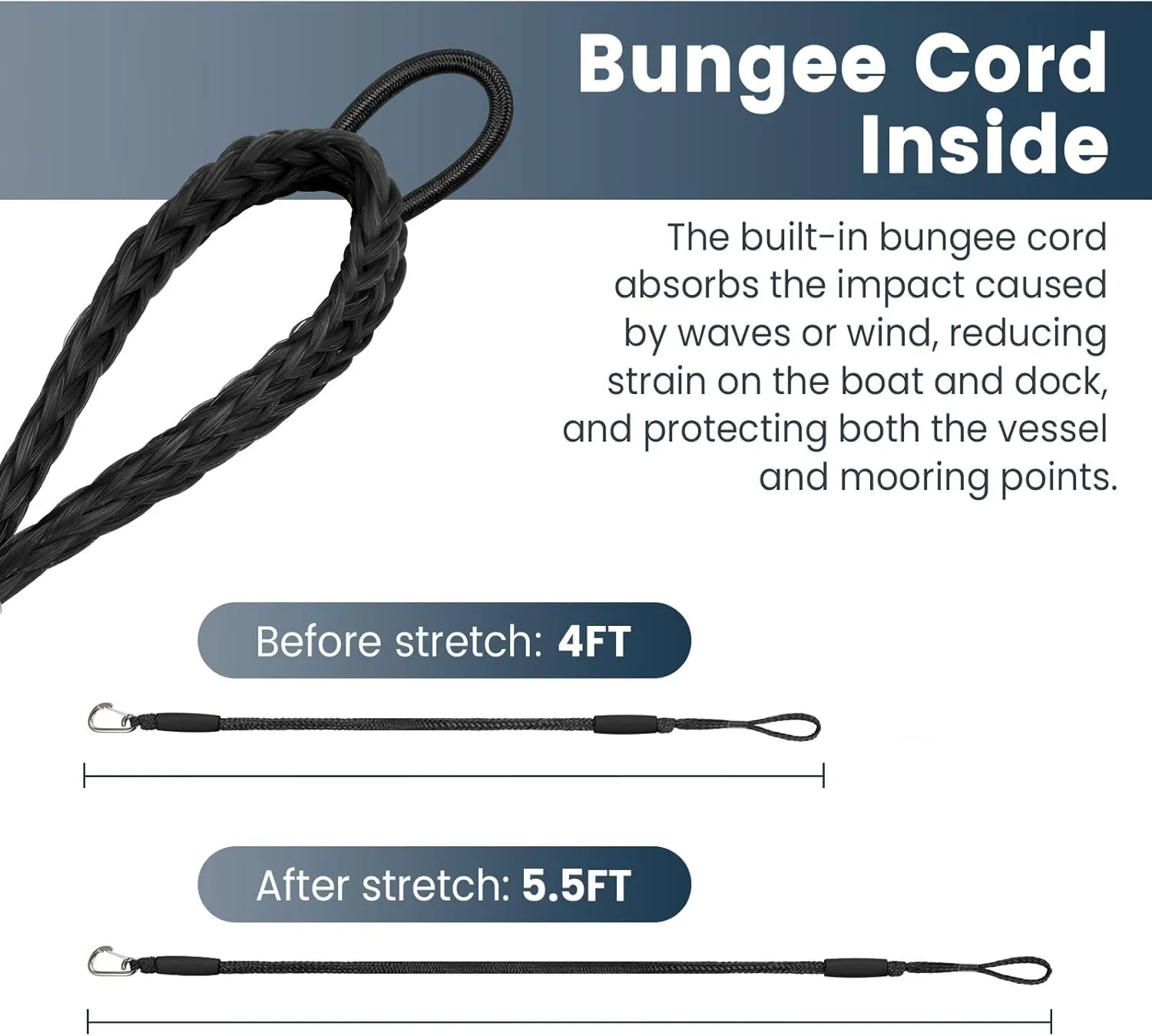 4 Feet Bungee Dock Lines for Boats, Heavy Duty Mooring Rope with Stainless Steel Clip & Adjustable Loop for Jet Ski, Pontoon, PWC, Kayak (Black, 2 Pack)