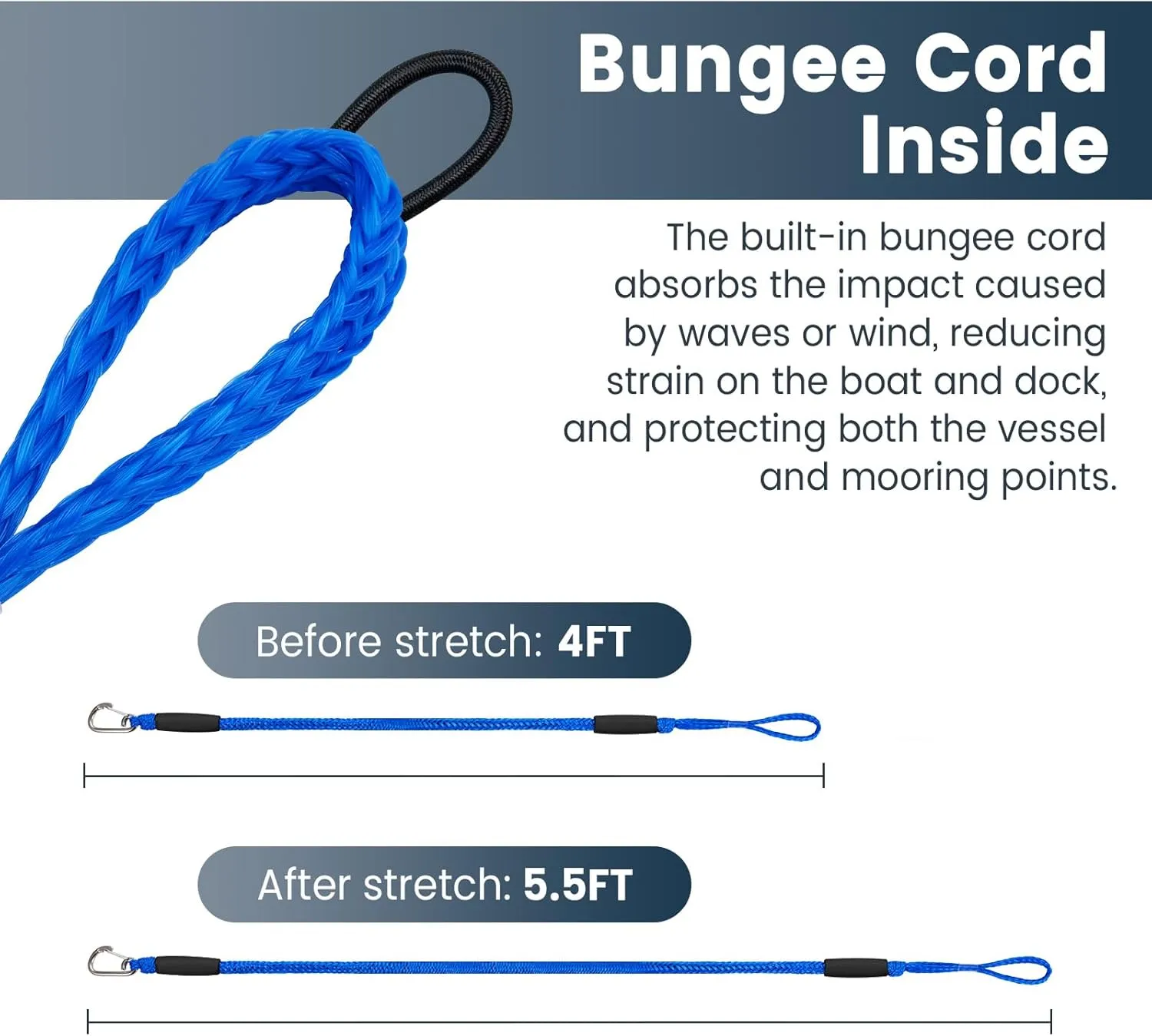 4 Feet Bungee Dock Lines for Boats, Heavy Duty Mooring Rope with Stainless Steel Clip & Adjustable Loop for Jet Ski, Pontoon, PWC, Kayak (Blue, 2 Pack)