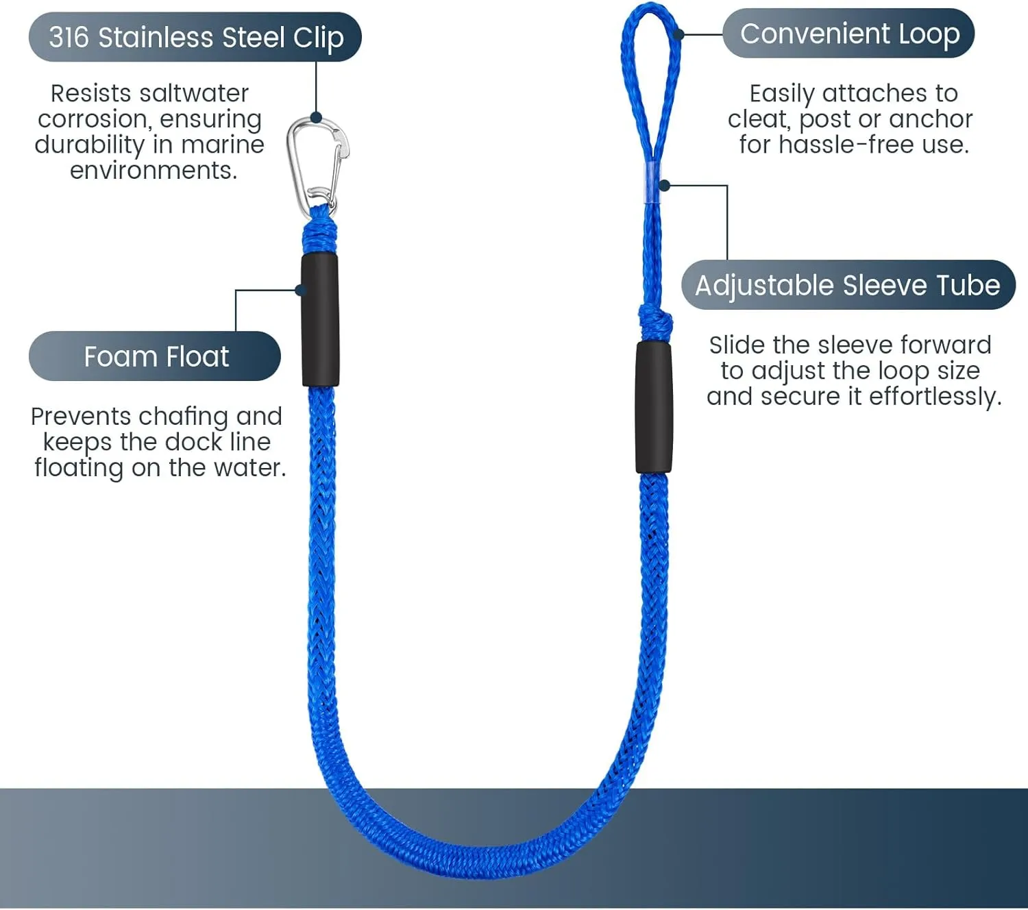 4 Feet Bungee Dock Lines for Boats, Heavy Duty Mooring Rope with Stainless Steel Clip & Adjustable Loop for Jet Ski, Pontoon, PWC, Kayak (Blue, 2 Pack)