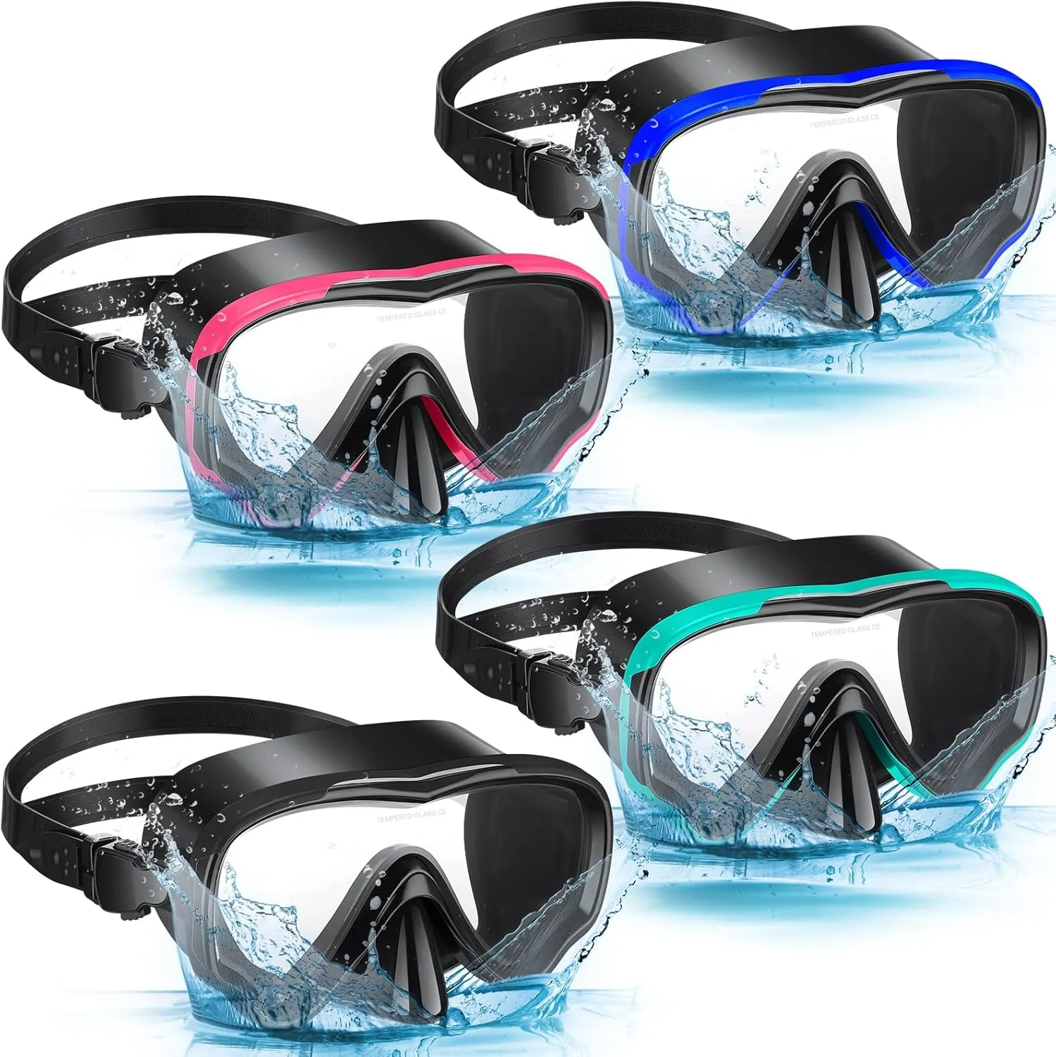 4 Pcs Snorkeling Goggles for Adults Scuba Diving Mask Anti Fog Dive Mask Snorkeling Gear for Men Women Panoramic Swimming Goggles with Nose Cover for Diving, Swimming (Black, Blue, Green, Rose Red)