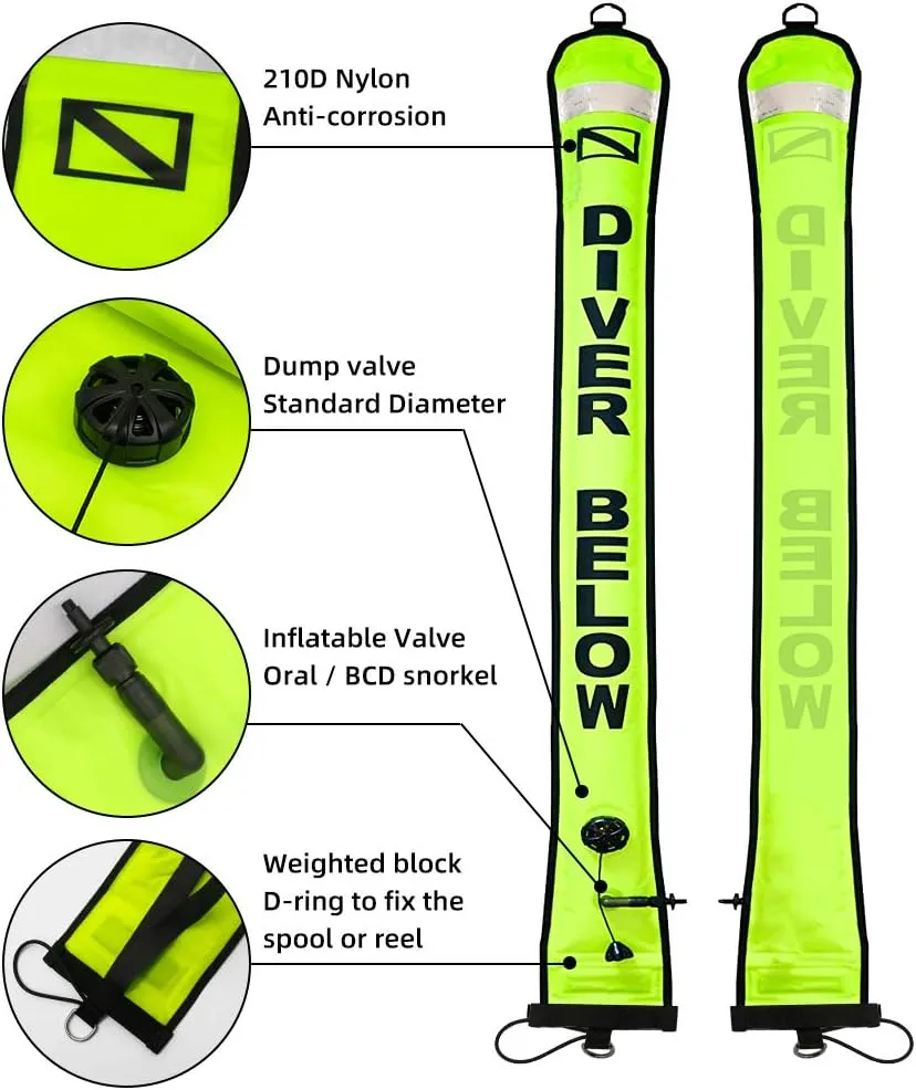 4ft Yellow Scuba Diving SMB, Open Bottom Surface Marker Buoy with Safety Sausage with 49ft Alloy Dive Reel and Double-Ended Bolt Clip for Underwater Sports Blue