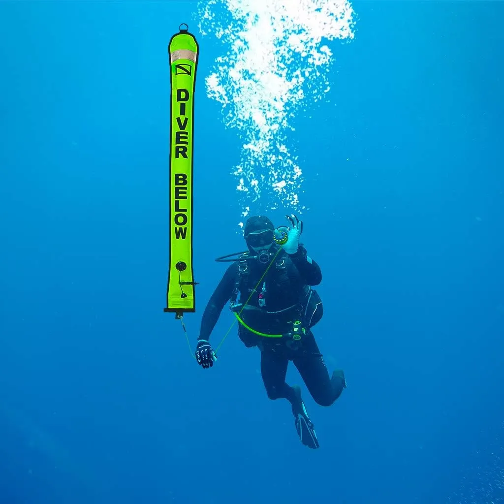 4ft Yellow Scuba Diving SMB, Open Bottom Surface Marker Buoy with Safety Sausage with 49ft Alloy Dive Reel and Double-Ended Bolt Clip for Underwater Sports Blue