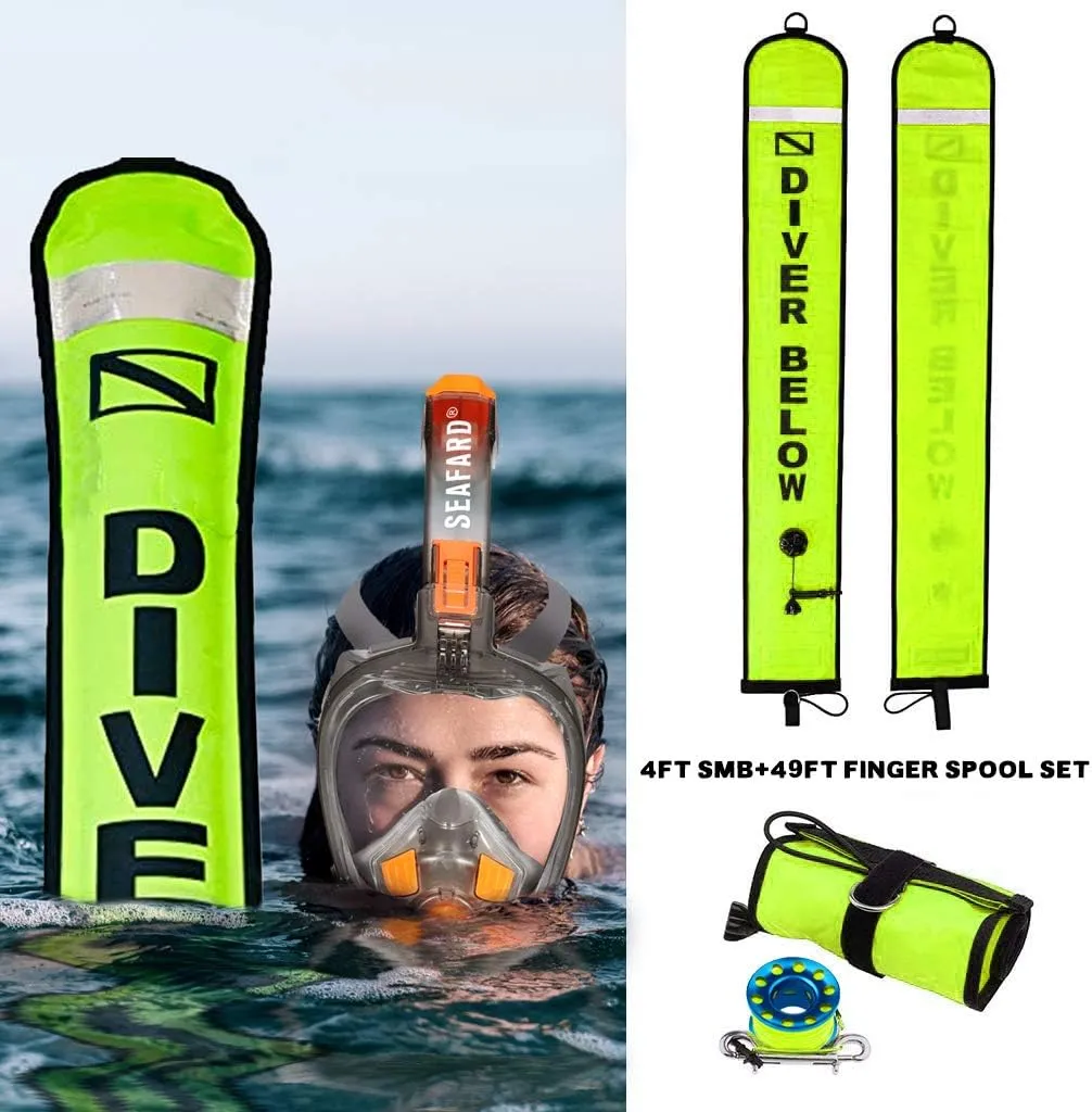 4ft Yellow Scuba Diving SMB, Open Bottom Surface Marker Buoy with Safety Sausage with 49ft Alloy Dive Reel and Double-Ended Bolt Clip for Underwater Sports Blue