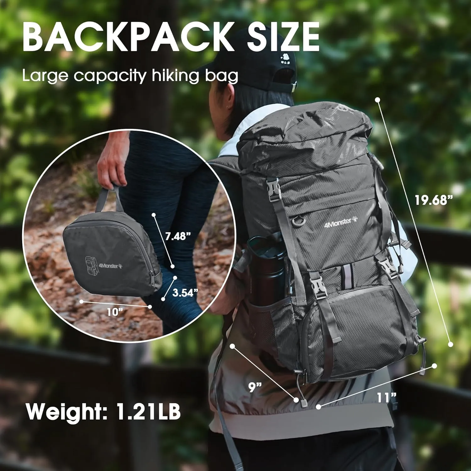 4Monster Portable Hiking Backpack,Lightweight Packable Hiking Daypack,Water Resistant Carry on Backpack for Travel Camping Outdoor (32L, Sliver)