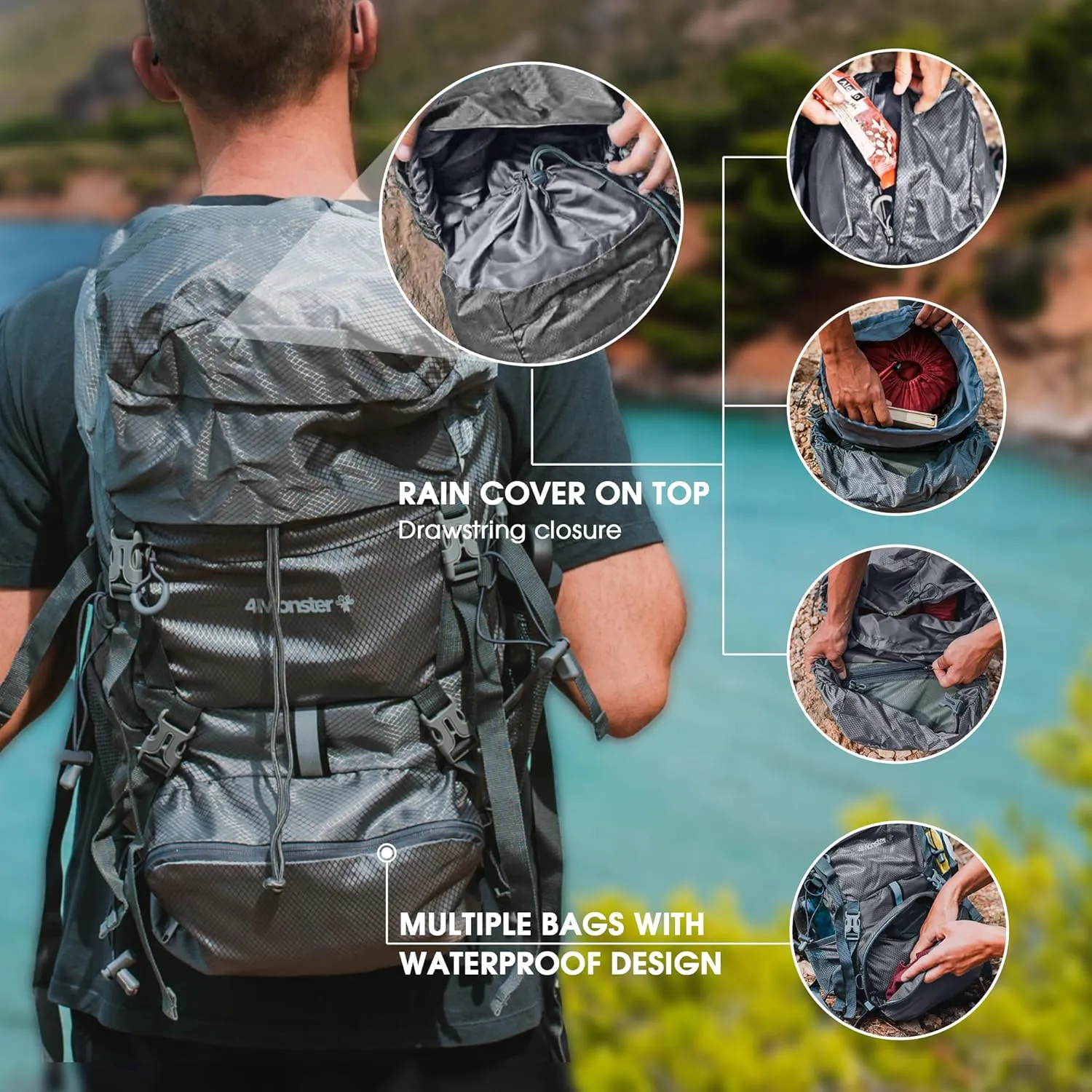 4Monster Portable Hiking Backpack,Lightweight Packable Hiking Daypack,Water Resistant Carry on Backpack for Travel Camping Outdoor (32L, Sliver)
