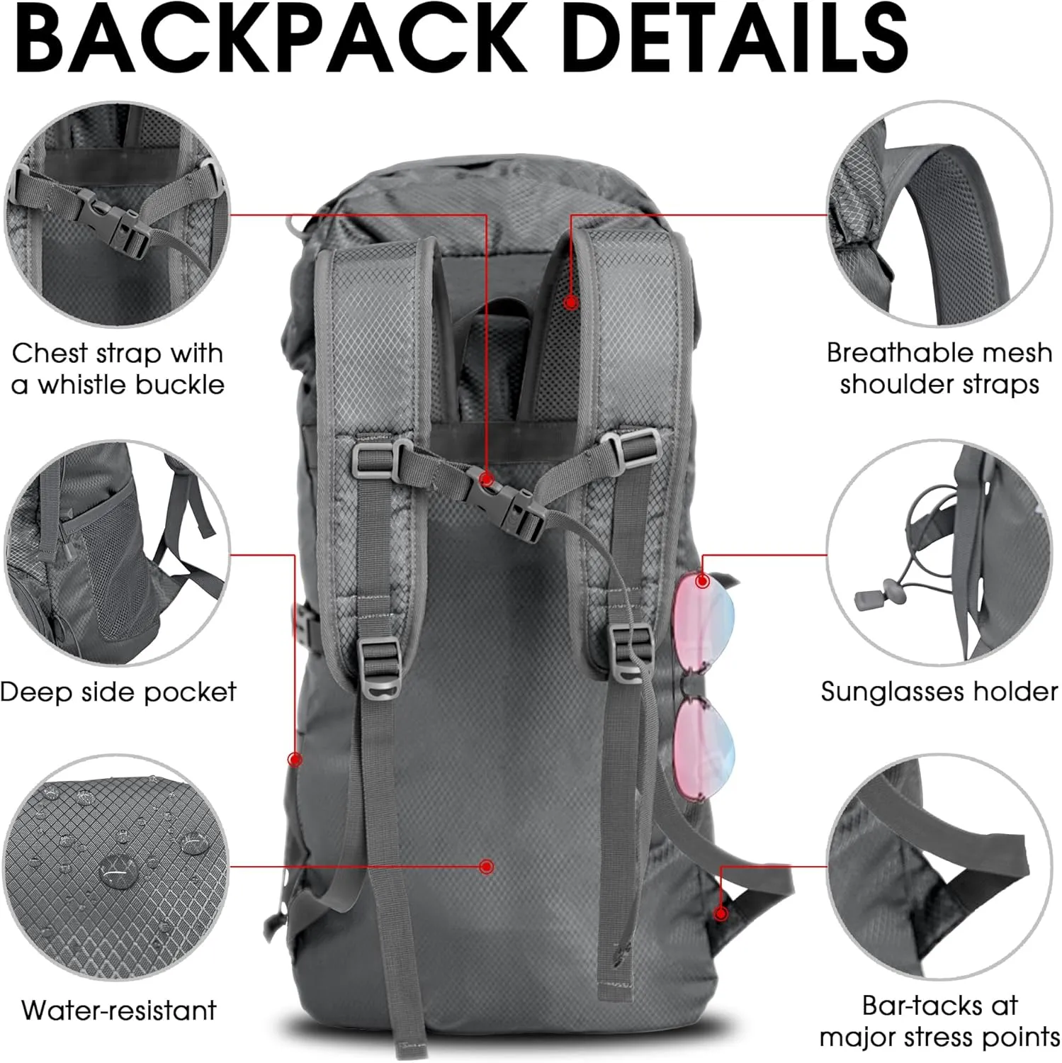 4Monster Portable Hiking Backpack,Lightweight Packable Hiking Daypack,Water Resistant Carry on Backpack for Travel Camping Outdoor (32L, Sliver)