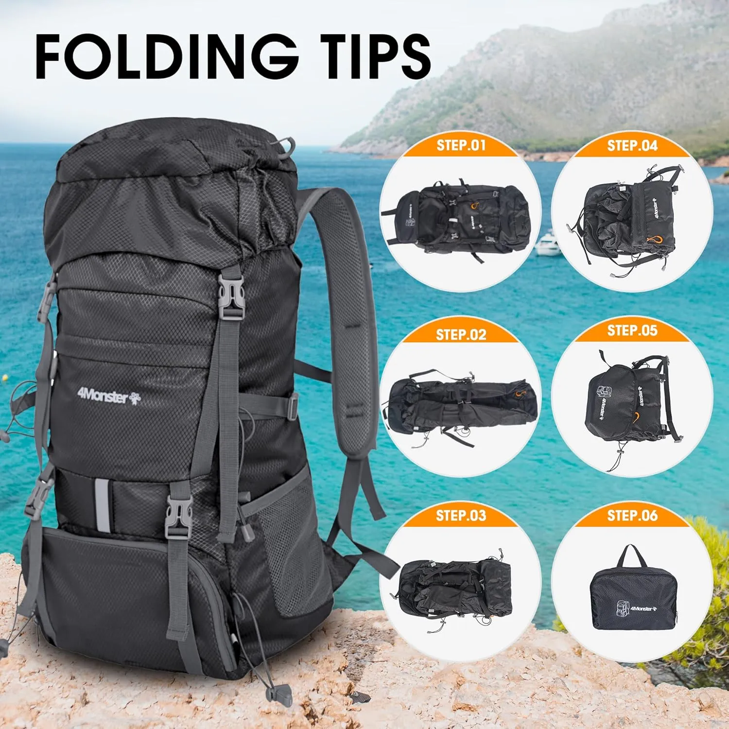 4Monster Portable Hiking Backpack,Lightweight Packable Hiking Daypack,Water Resistant Carry on Backpack for Travel Camping Outdoor (32L, Sliver)