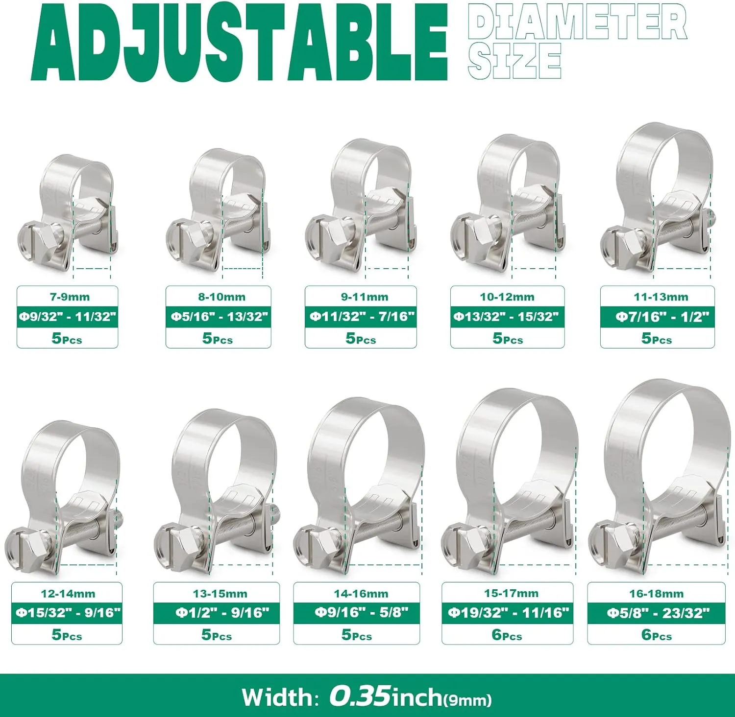 52PCS Fuel Line Clamp Assortment Kit 304 Stainless Steel,10 Sizes Adjustable 9/32"-23/32" Dia (7-18mm) Mini Fuel Injection Gas Line Hose Clamps,Pipe Clamp for Automotive,Diesel Petrol Pipe