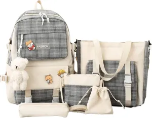 5Pcs Canvas Kawaii Backpack Combo Set with Cute Bear Pendant Pins Plaid Check Handle Shoulder Tote Daypack Bag Kit (Grey)