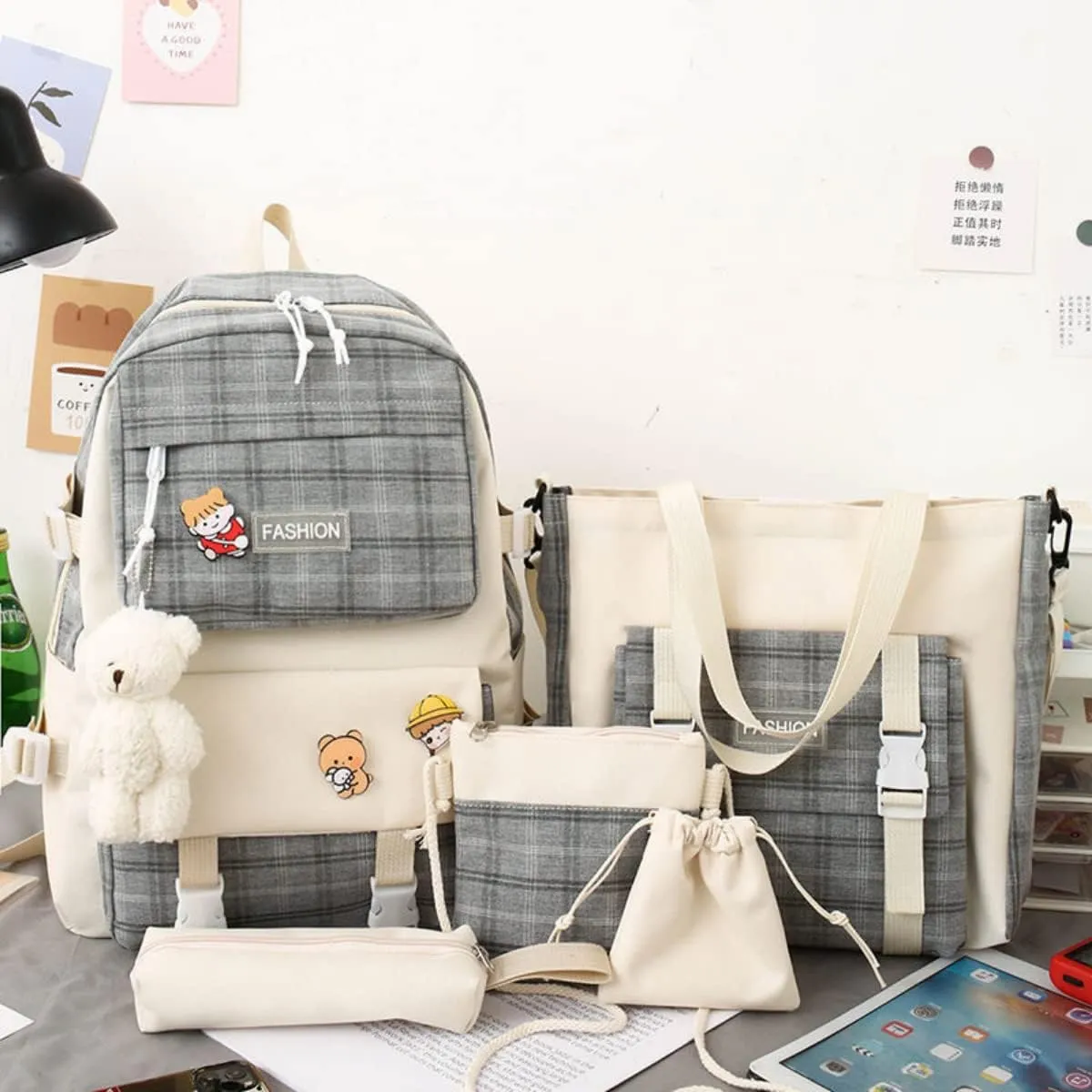 5Pcs Canvas Kawaii Backpack Combo Set with Cute Bear Pendant Pins Plaid Check Handle Shoulder Tote Daypack Bag Kit (Grey)