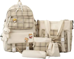 5Pcs Canvas Kawaii Backpack Combo Set with Cute Bear Pendant Pins Plaid Check Handle Shoulder Tote Daypack Bag Kit (Khaki)