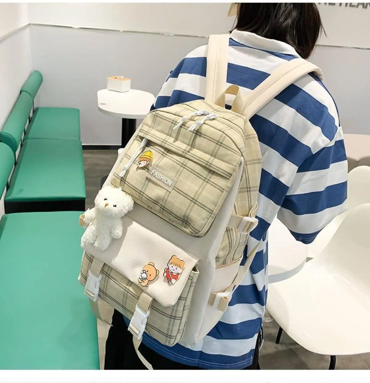 5Pcs Canvas Kawaii Backpack Combo Set with Cute Bear Pendant Pins Plaid Check Handle Shoulder Tote Daypack Bag Kit (Khaki)
