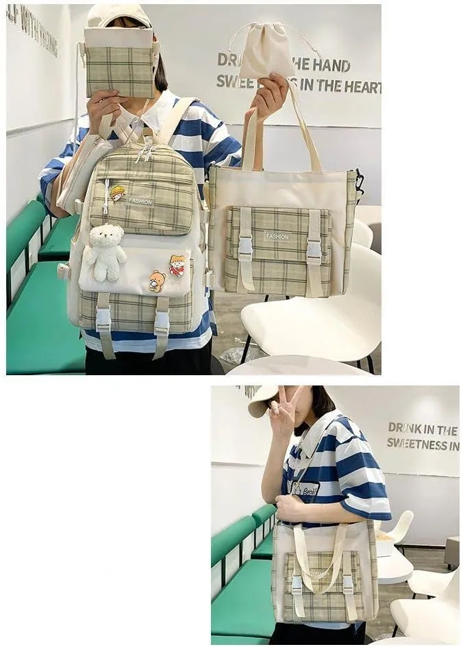 5Pcs Canvas Kawaii Backpack Combo Set with Cute Bear Pendant Pins Plaid Check Handle Shoulder Tote Daypack Bag Kit (Khaki)
