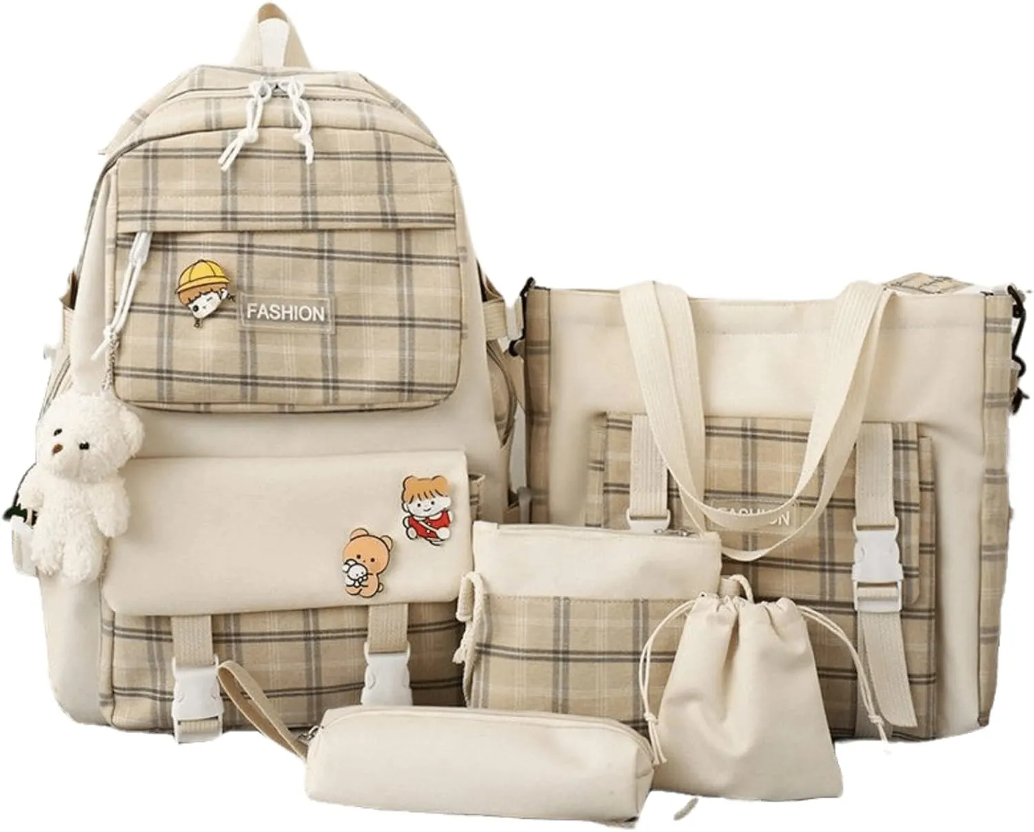 5Pcs Canvas Kawaii Backpack Combo Set with Cute Bear Pendant Pins Plaid Check Handle Shoulder Tote Daypack Bag Kit (Khaki)
