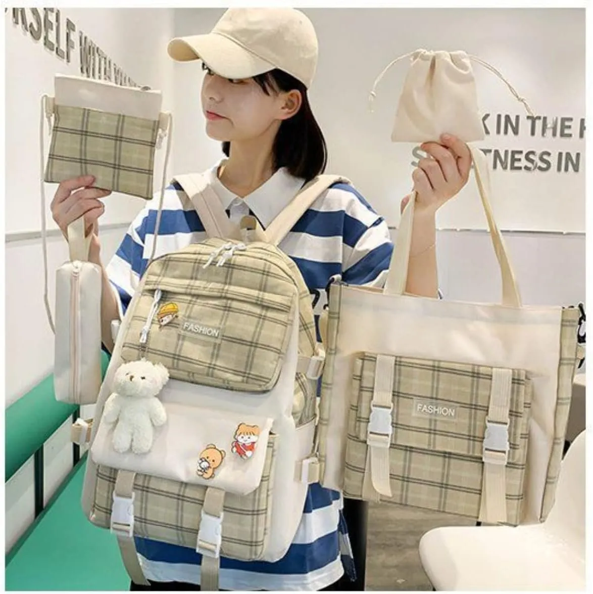 5Pcs Canvas Kawaii Backpack Combo Set with Cute Bear Pendant Pins Plaid Check Handle Shoulder Tote Daypack Bag Kit (Khaki)