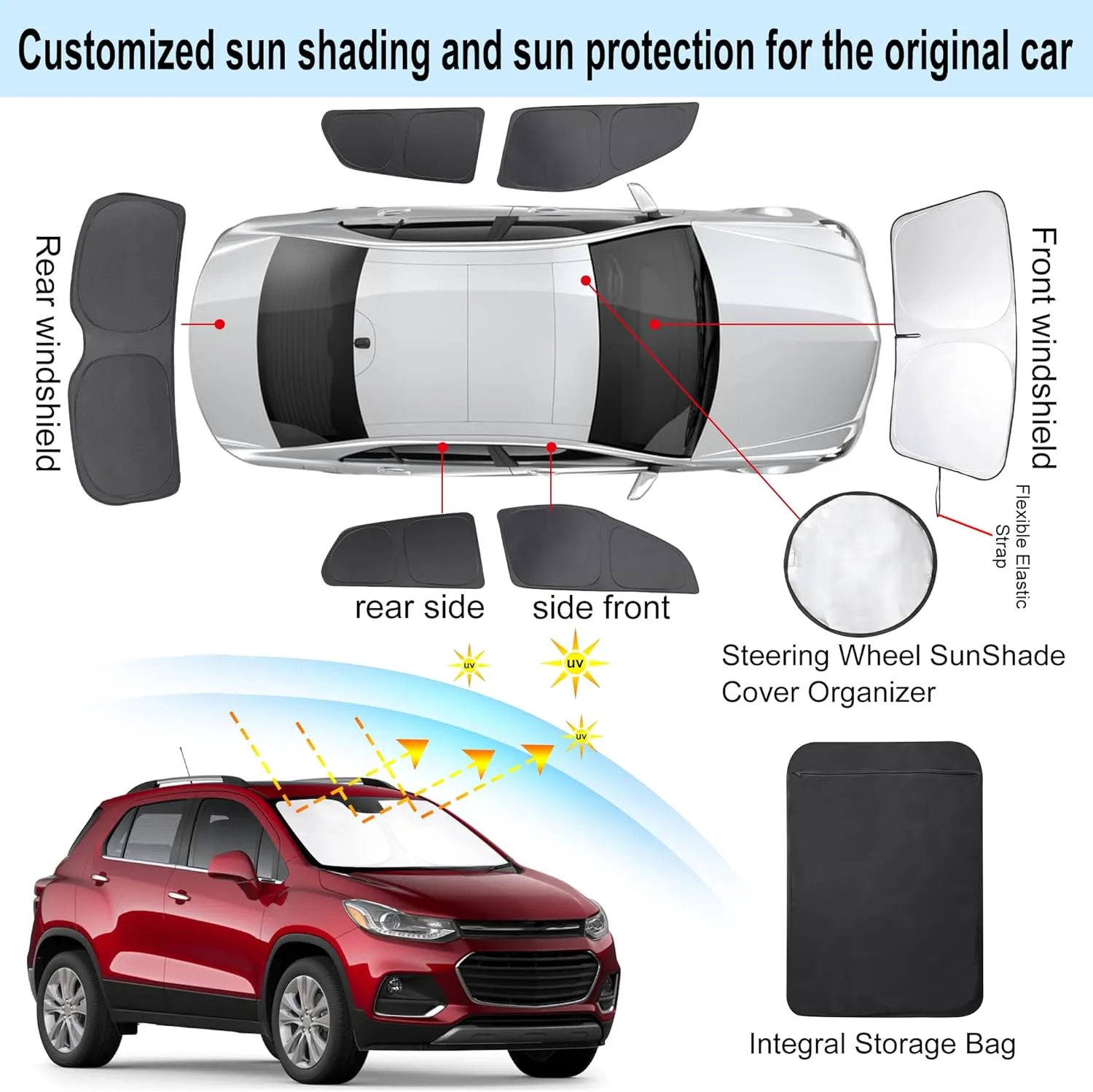 6PCS Windshield Sun Shade Custom Fit for 2013-2023 Chevrolet/Chevy Trax Accessories Foldable Sunshade Side Rear Window Shade Cover Full Set Privacy Protection Keeps Car Cool