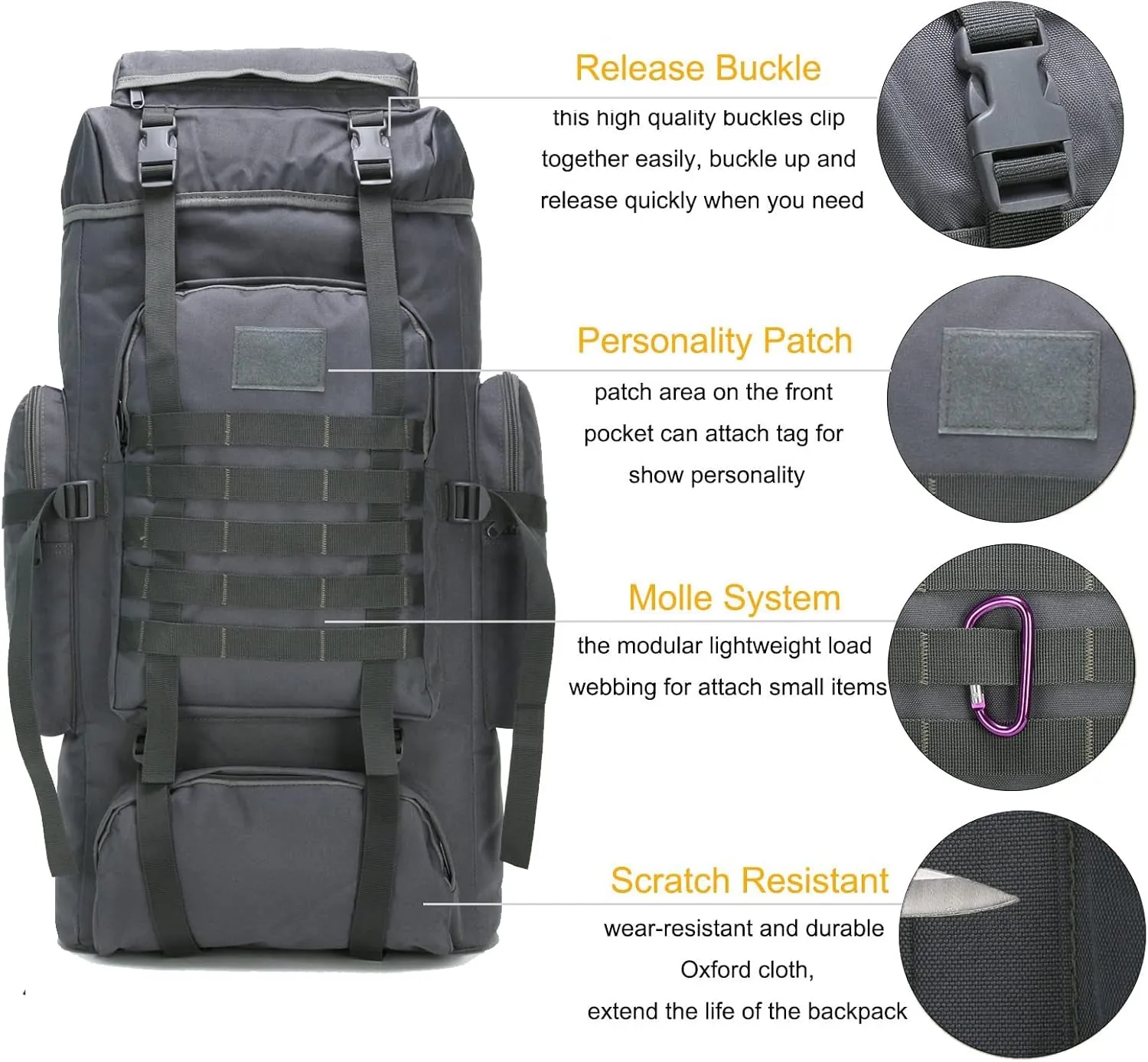 70L Hiking Backpack for Men Waterproof Military Camping Rucksack Travel Daypack