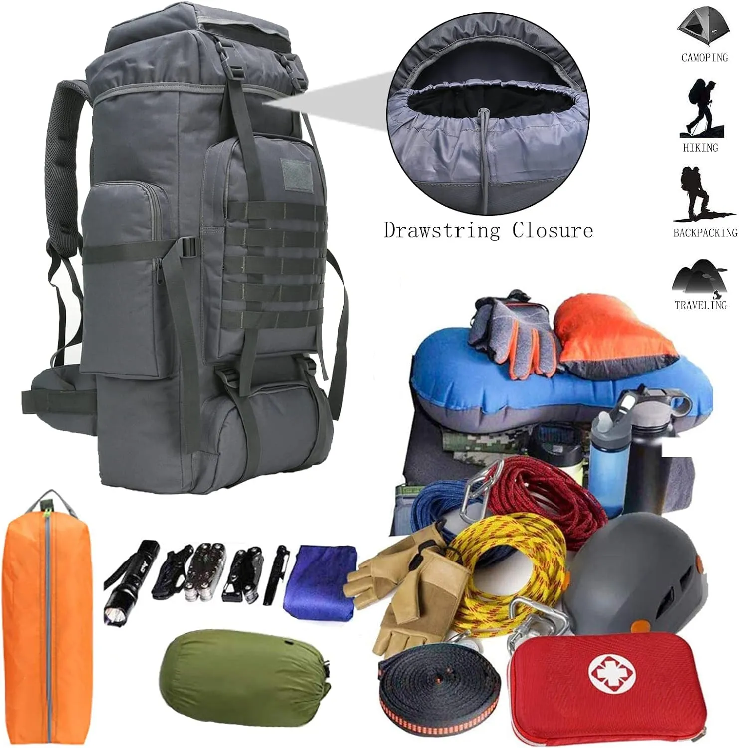 70L Hiking Backpack for Men Waterproof Military Camping Rucksack Travel Daypack