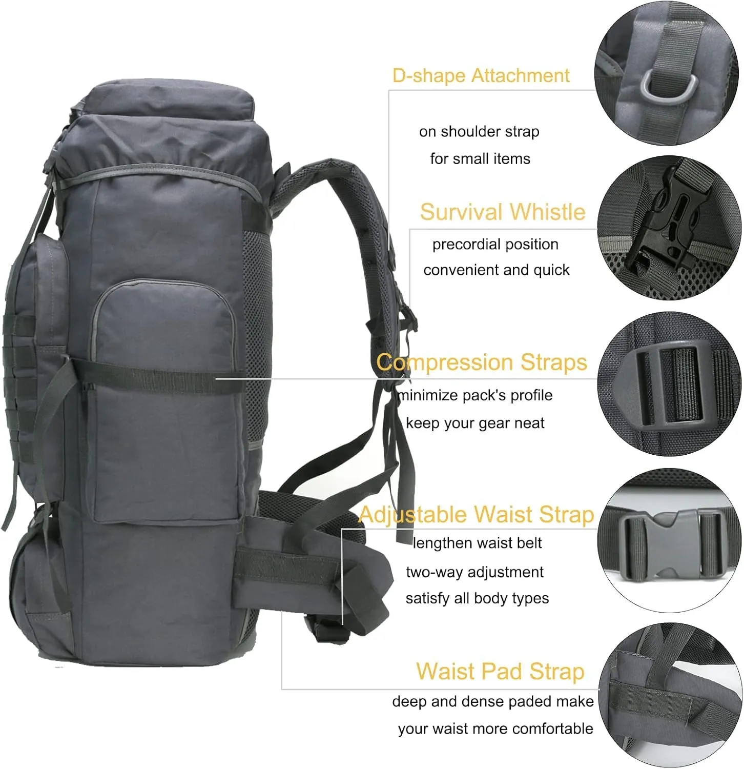 70L Hiking Backpack for Men Waterproof Military Camping Rucksack Travel Daypack