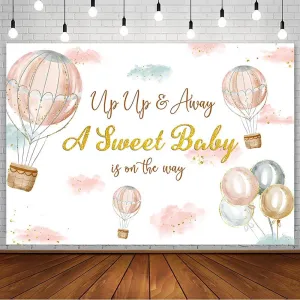 7x5ft Hot Air Balloon Adventure Awaits Baby Shower Backdrop Up Up and Away A Baby is On the Way Photography Background Newborn Birthday Party Decorations Adventure Begins Airplane Travel Banner