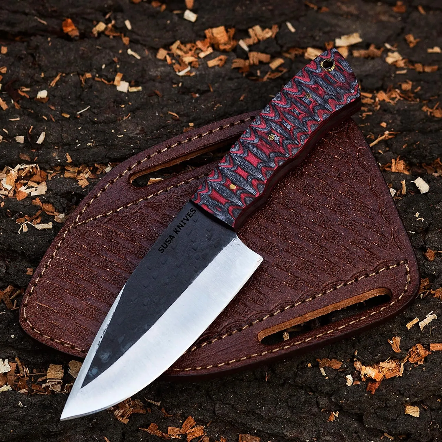 8'' Fixed Blade Handmade 1095 Carbon Steel Bushcraft Knife, Pakka Wood Handle Hunting knife Camping and Survival Knife/pancake leather sheath/EDC knife (RED)