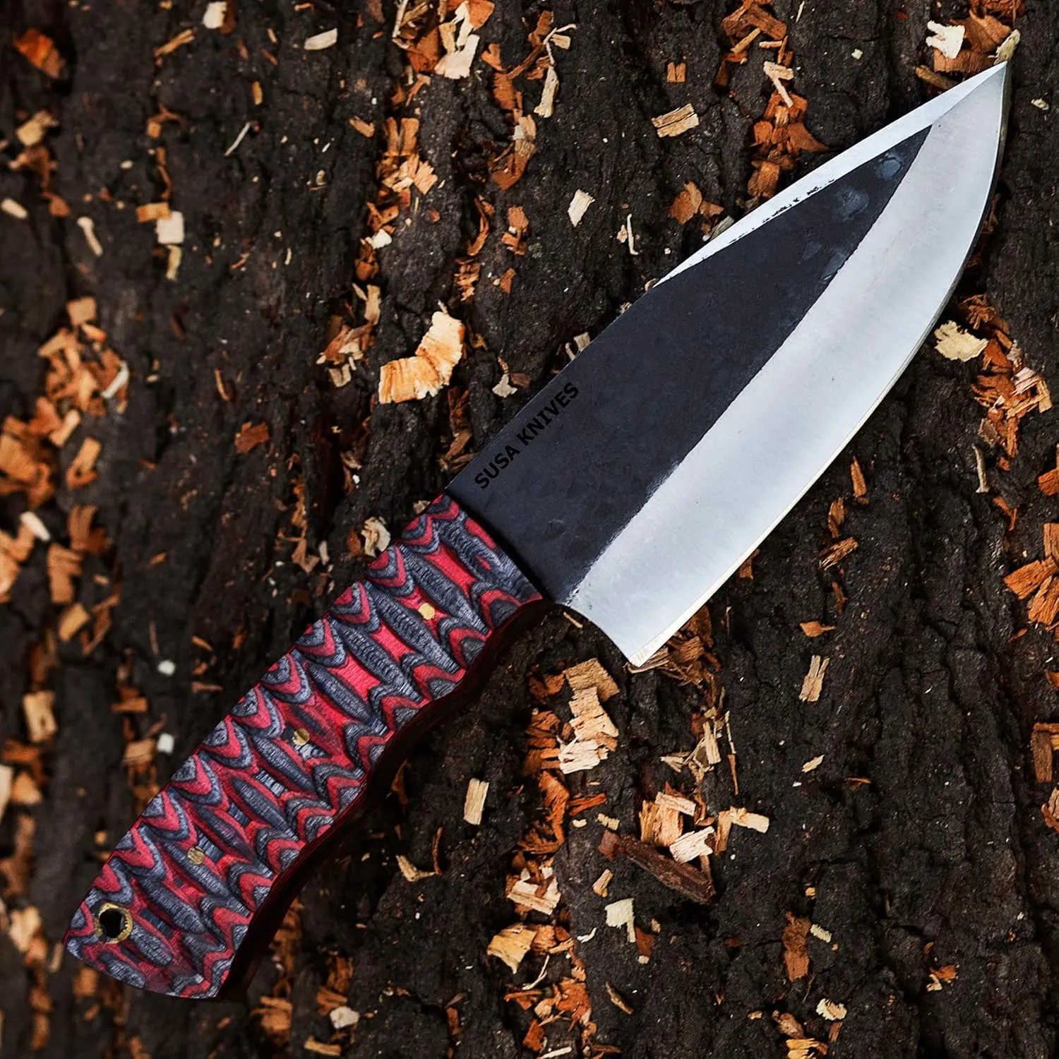 8'' Fixed Blade Handmade 1095 Carbon Steel Bushcraft Knife, Pakka Wood Handle Hunting knife Camping and Survival Knife/pancake leather sheath/EDC knife (RED)