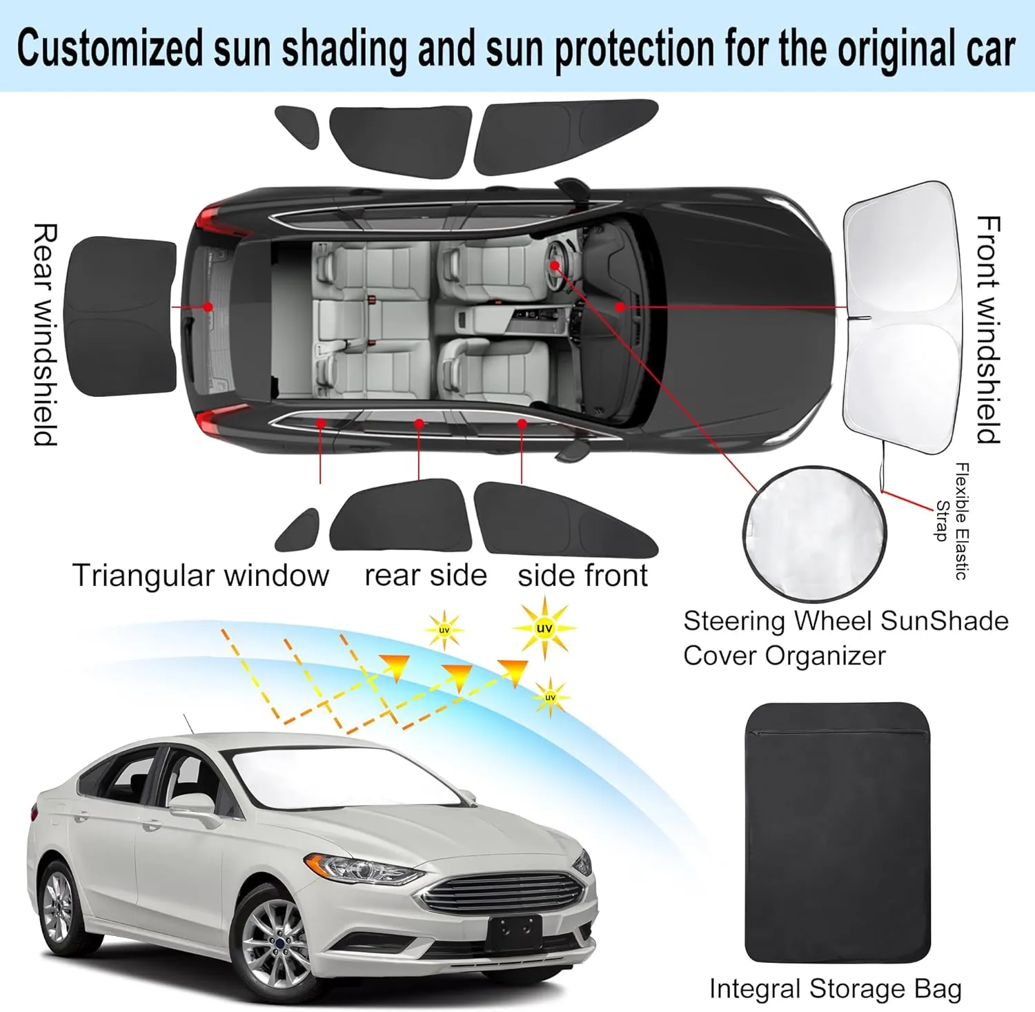 8PCS Windshield Sun Shade Custom Fit for 2013-2021 Ford Fusion Accessories Foldable Sunshade Side Rear Window Shade Cover Full Set Privacy Protection Keeps Car Cool