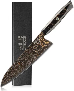 8" Gyuto – Handmade Japanese CuMai Copper Damascus Chef Knife – Ultra Sharp Kitchen Chopping Knife.