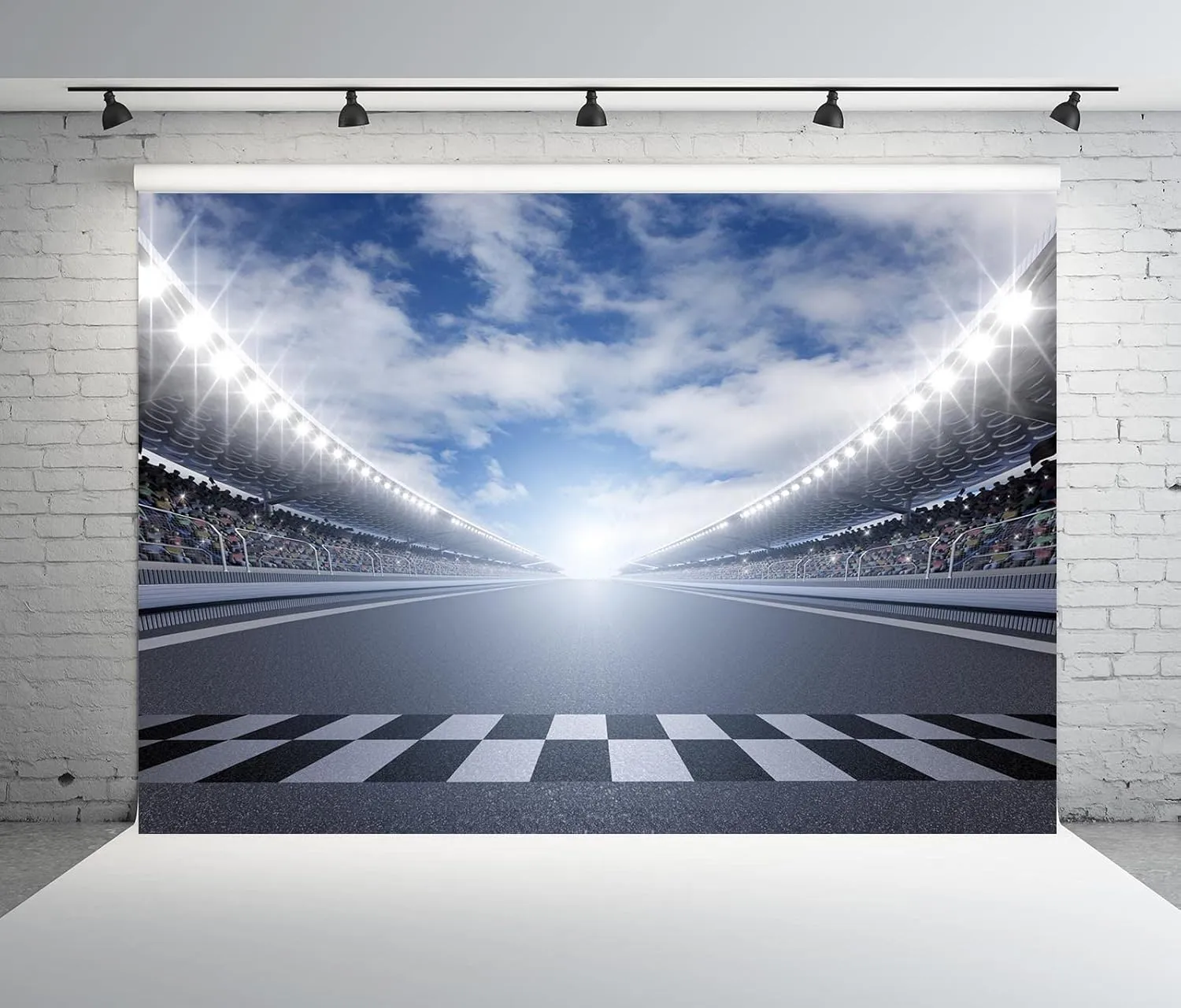 8x6ft Fabric Racing Backdrop Finish Line Race Track Background for Racing Birthday Party Decorations Auto Moto Champion Sport Competition Photo Props