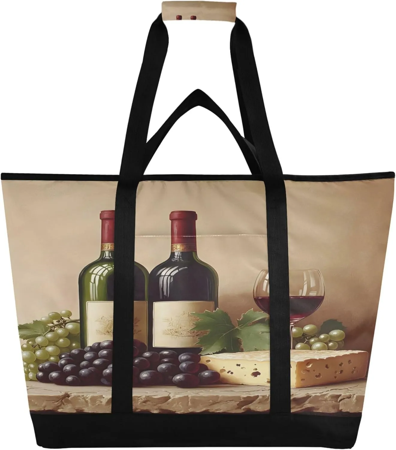 A Bottle of Red Wine Reusable Insulated Cooler Bag with Ice Pack Compartment - Large 47L Waterproof Thermal Grocery Tote for Picnic Beach Camping Lunch Storage