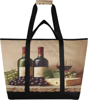 A Bottle of Red Wine Reusable Insulated Cooler Bag with Ice Pack Compartment - Large 47L Waterproof Thermal Grocery Tote for Picnic Beach Camping Lunch Storage