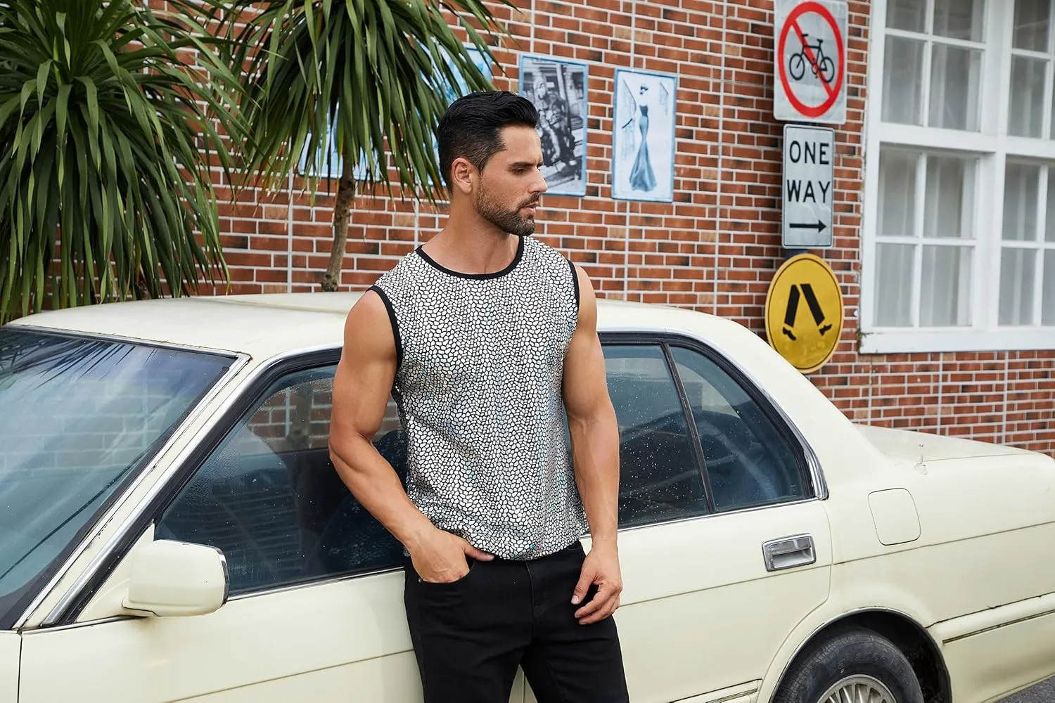 ABAFIP Men's Rave Tanks Shiny Holographic Tank Top Sleeveless Reflective Disco Dance Shirts Streetwear
