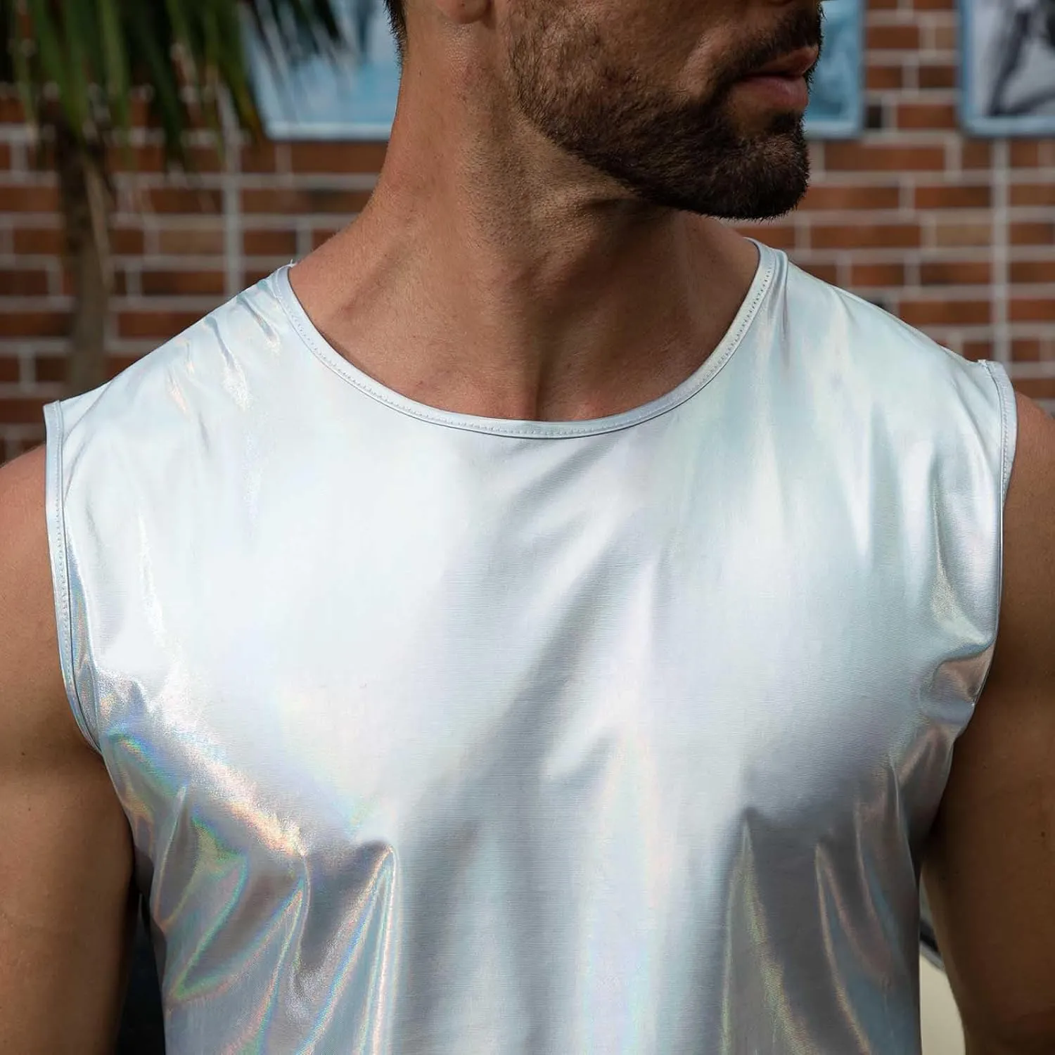 ABAFIP Men's Rave Tanks Shiny Holographic Tank Top Sleeveless Reflective Disco Dance Shirts Streetwear