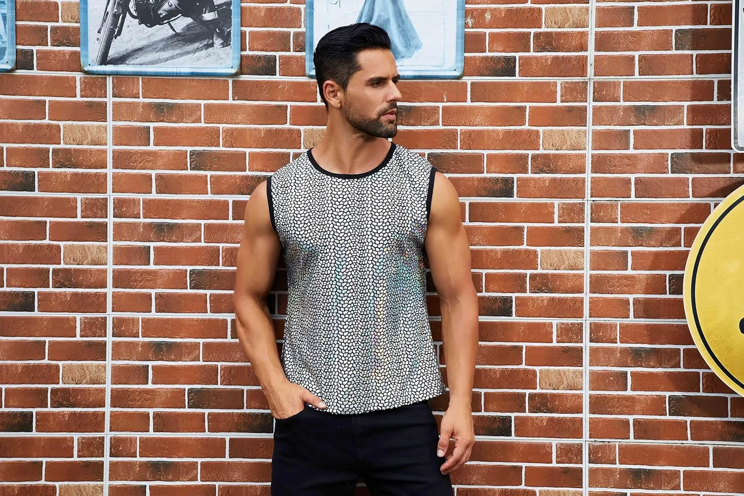 ABAFIP Men's Rave Tanks Shiny Holographic Tank Top Sleeveless Reflective Disco Dance Shirts Streetwear