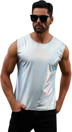ABAFIP Men's Rave Tanks Shiny Holographic Tank Top Sleeveless Reflective Disco Dance Shirts Streetwear
