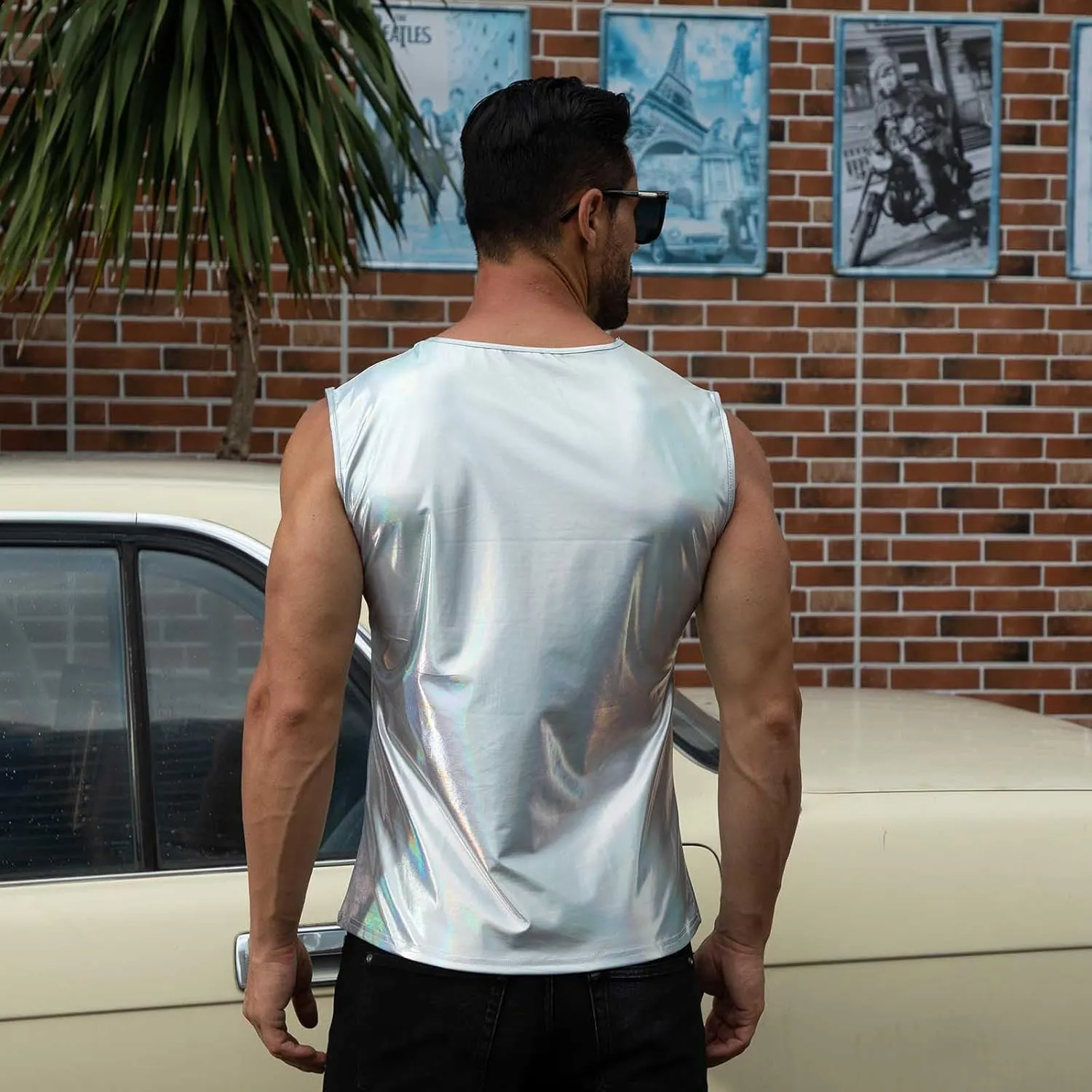 ABAFIP Men's Rave Tanks Shiny Holographic Tank Top Sleeveless Reflective Disco Dance Shirts Streetwear