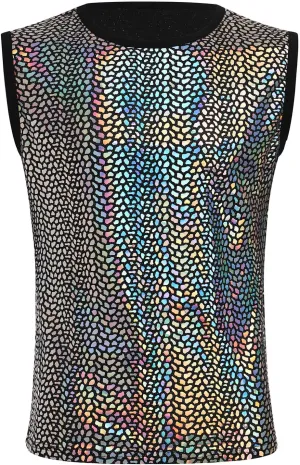 ABAFIP Men's Rave Tanks Shiny Holographic Tank Top Sleeveless Reflective Disco Dance Shirts Streetwear