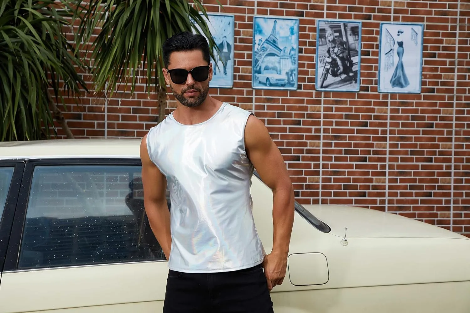 ABAFIP Men's Rave Tanks Shiny Holographic Tank Top Sleeveless Reflective Disco Dance Shirts Streetwear