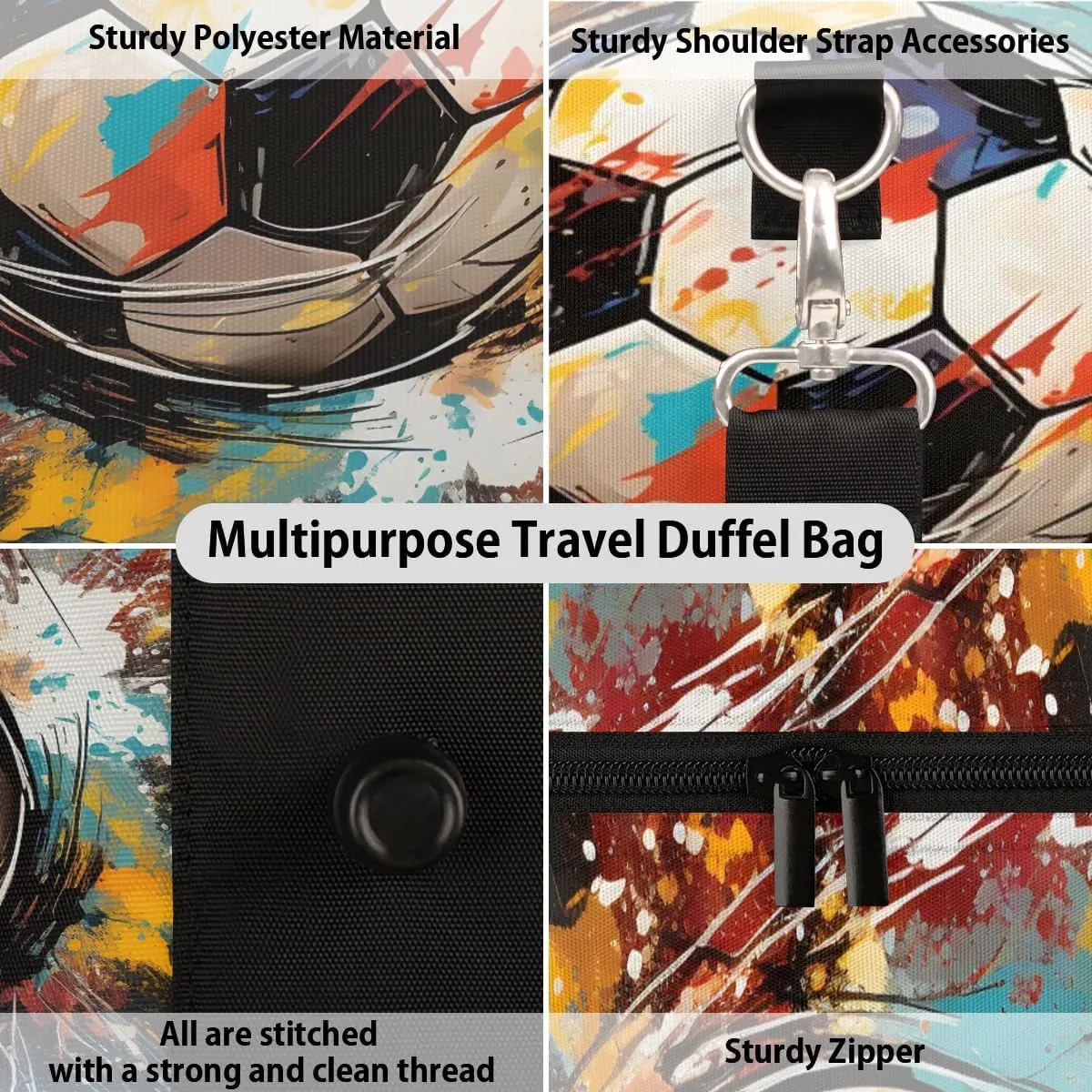 Abstract Football Travel Duffel Bag for Women Men Waterproof Foldable Overnight Weekender Bag Large Capacity Sports Gym Bag
