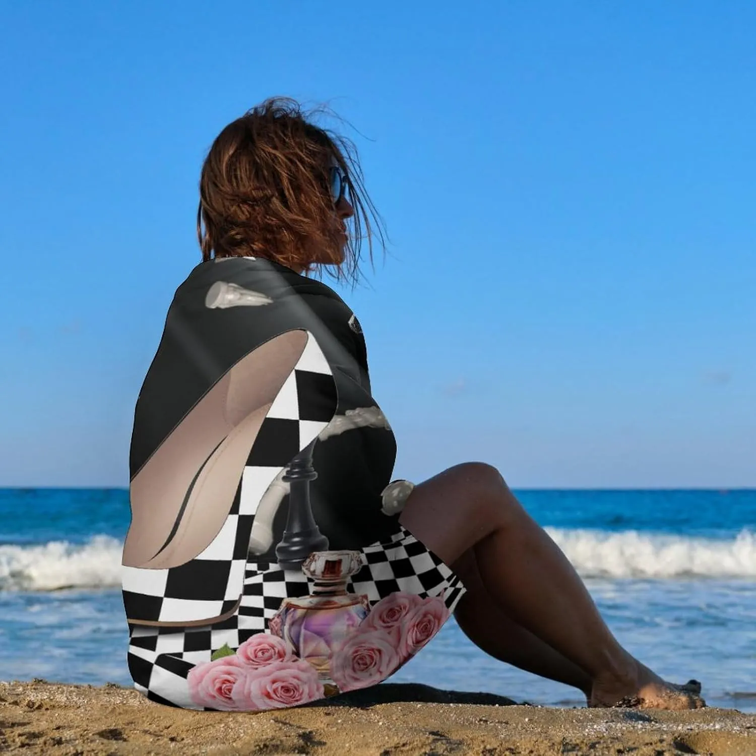 Abstract Modern Art High Heels Super Absorbent Quick Dry Fluffy Beach Towels,Rustic Black White Plaid Makeup Theme High Heels Suitable for Pool Family Bath Towels-51L x31W