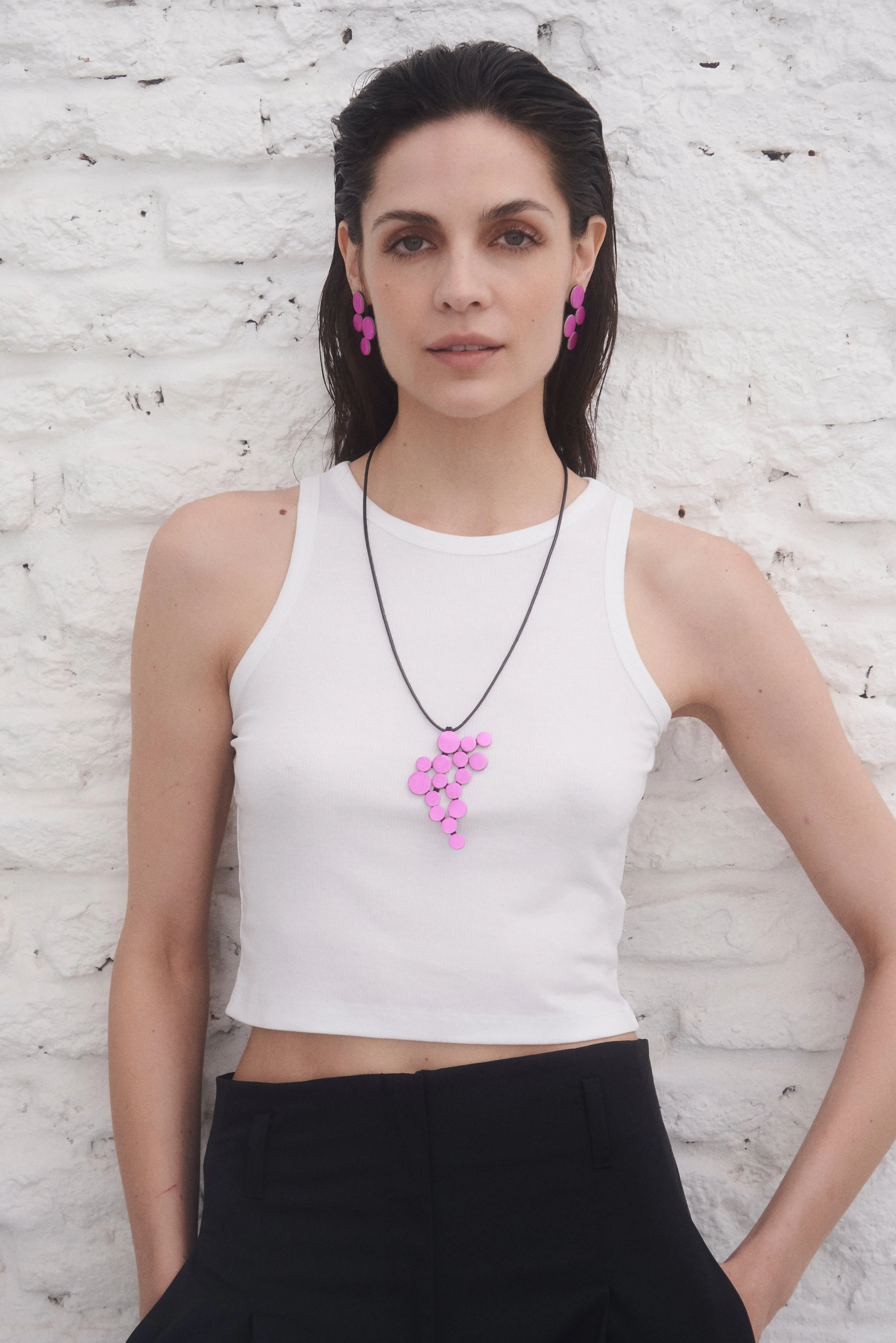 Abstraction Pendant Necklace - Metallic Fuchsia Leather *