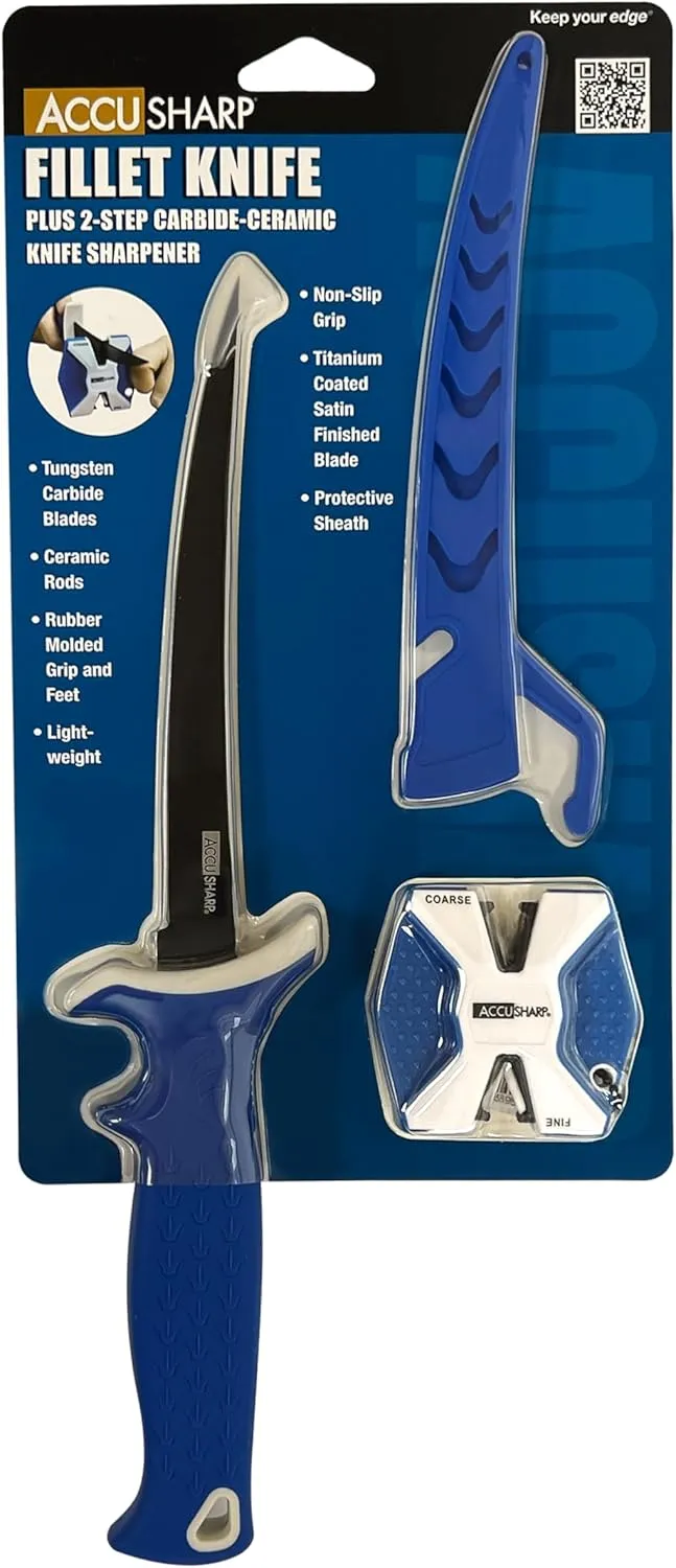 ACCUSHARP Fillet & Bait Knife and Sharpener Set, 6.5" 420 Stainless Steel Knife for Filleting with Pull Through Knife Sharpener, Fishing Tool Kit with Non-Slip Handle & Protective Sheath