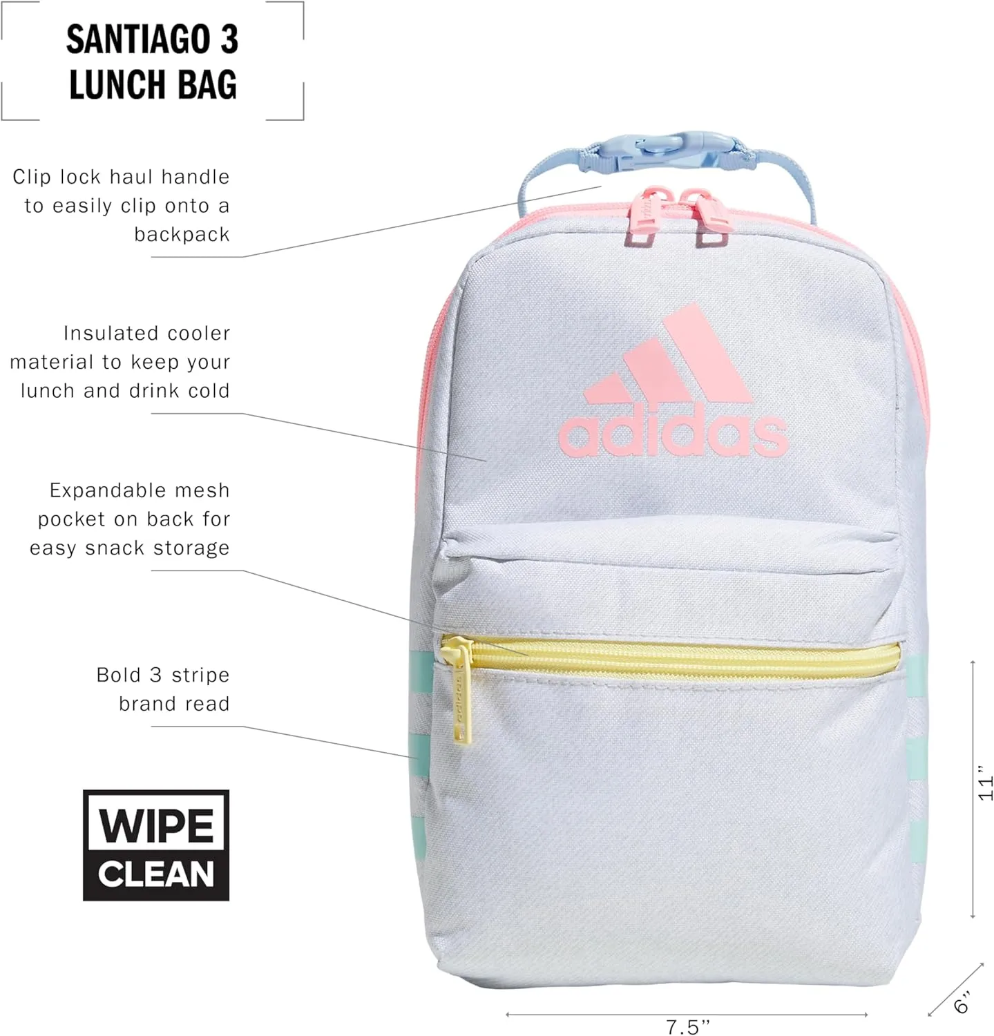 adidas Santiago Lunch Bag Cooler for Women and Men, Insulated Food Container Box with Mesh Pocket, Twill White/Clear Sky Blue/Pink Spark/3.0, One Size