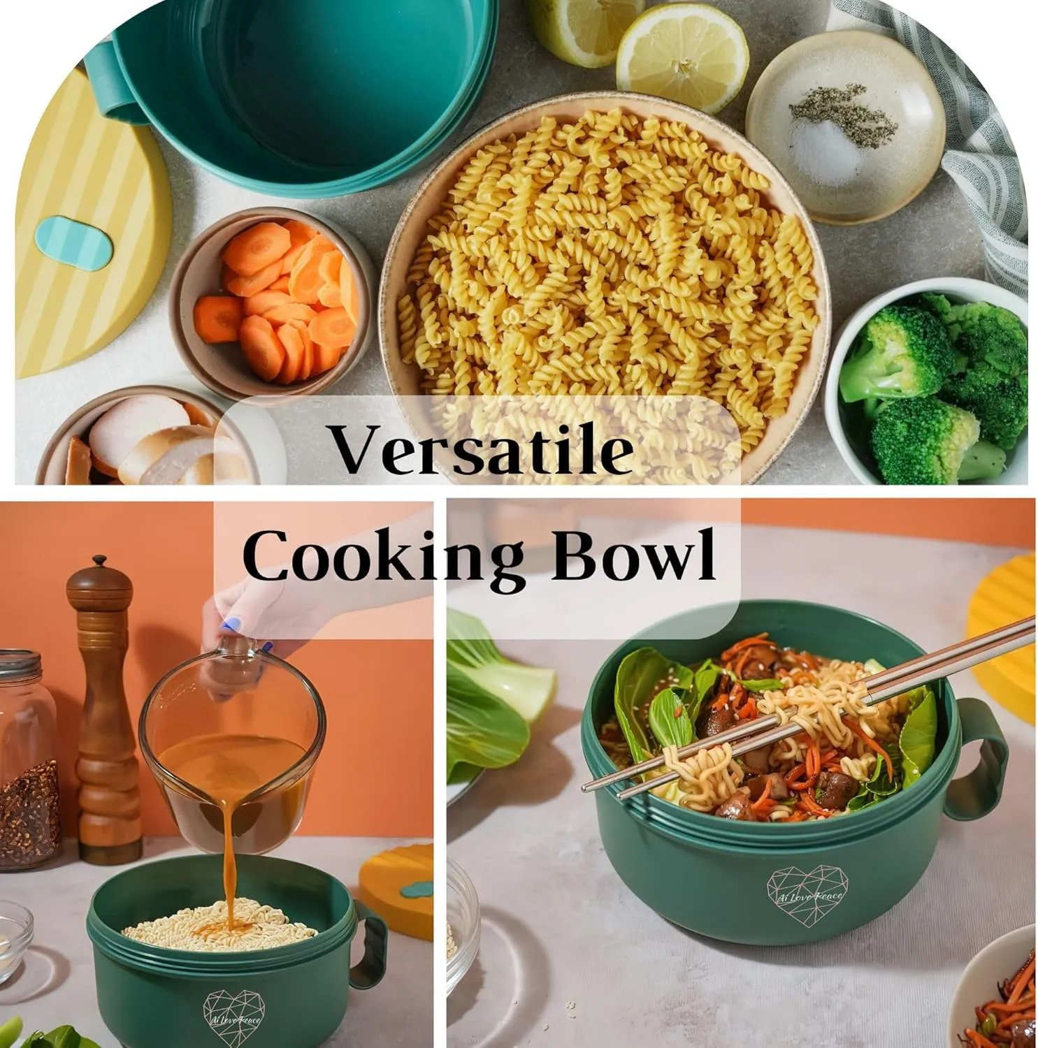 AI LOVE PEACE Ramen Bowl, 40 oz Microwaveable Noodle Cooker for Ramen, Pho, Soup, and Pasta, Dishwasher Safe and Portable, Ideal for Home, Office, Dorm, or Gift (Green)