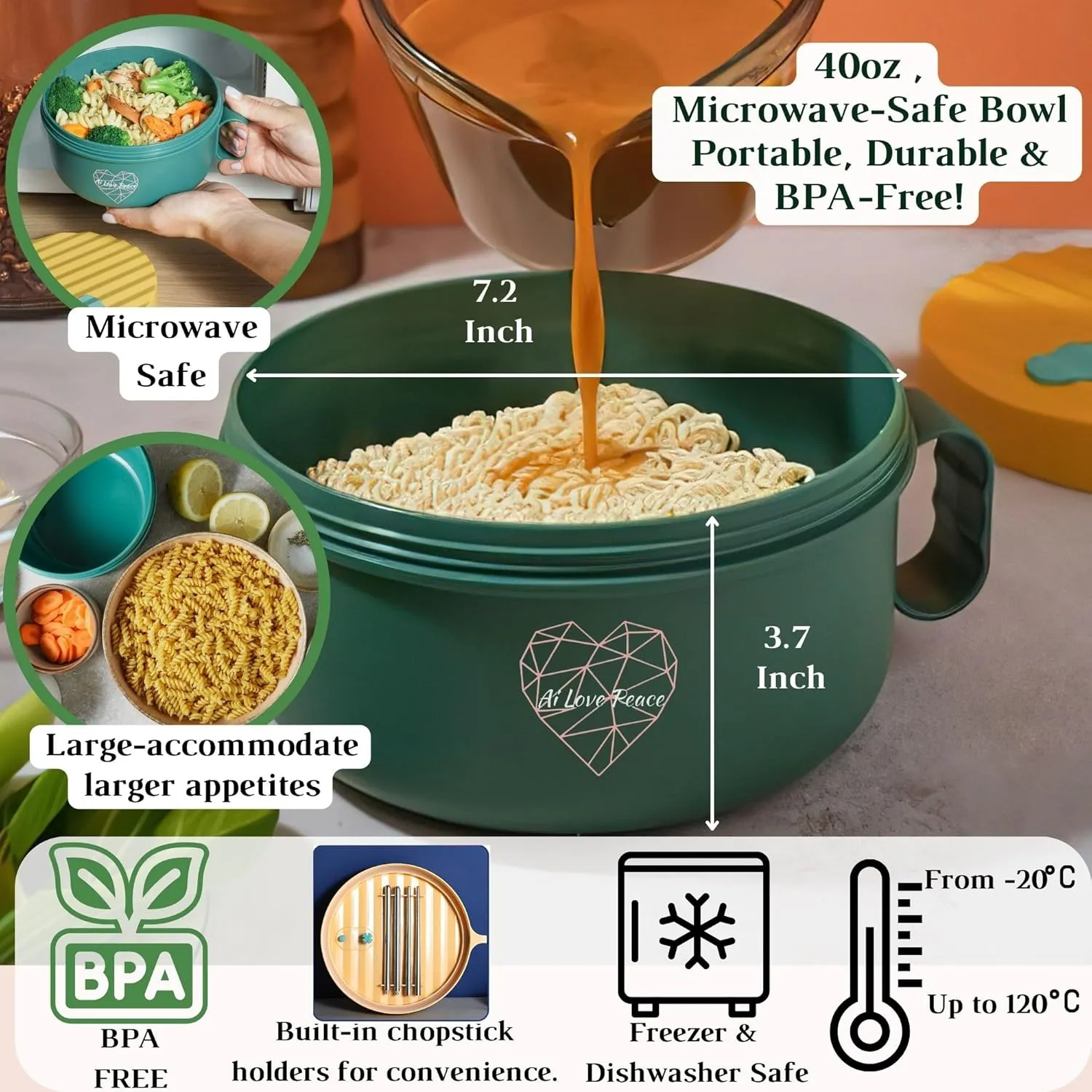 AI LOVE PEACE Ramen Bowl, 40 oz Microwaveable Noodle Cooker for Ramen, Pho, Soup, and Pasta, Dishwasher Safe and Portable, Ideal for Home, Office, Dorm, or Gift (Green)
